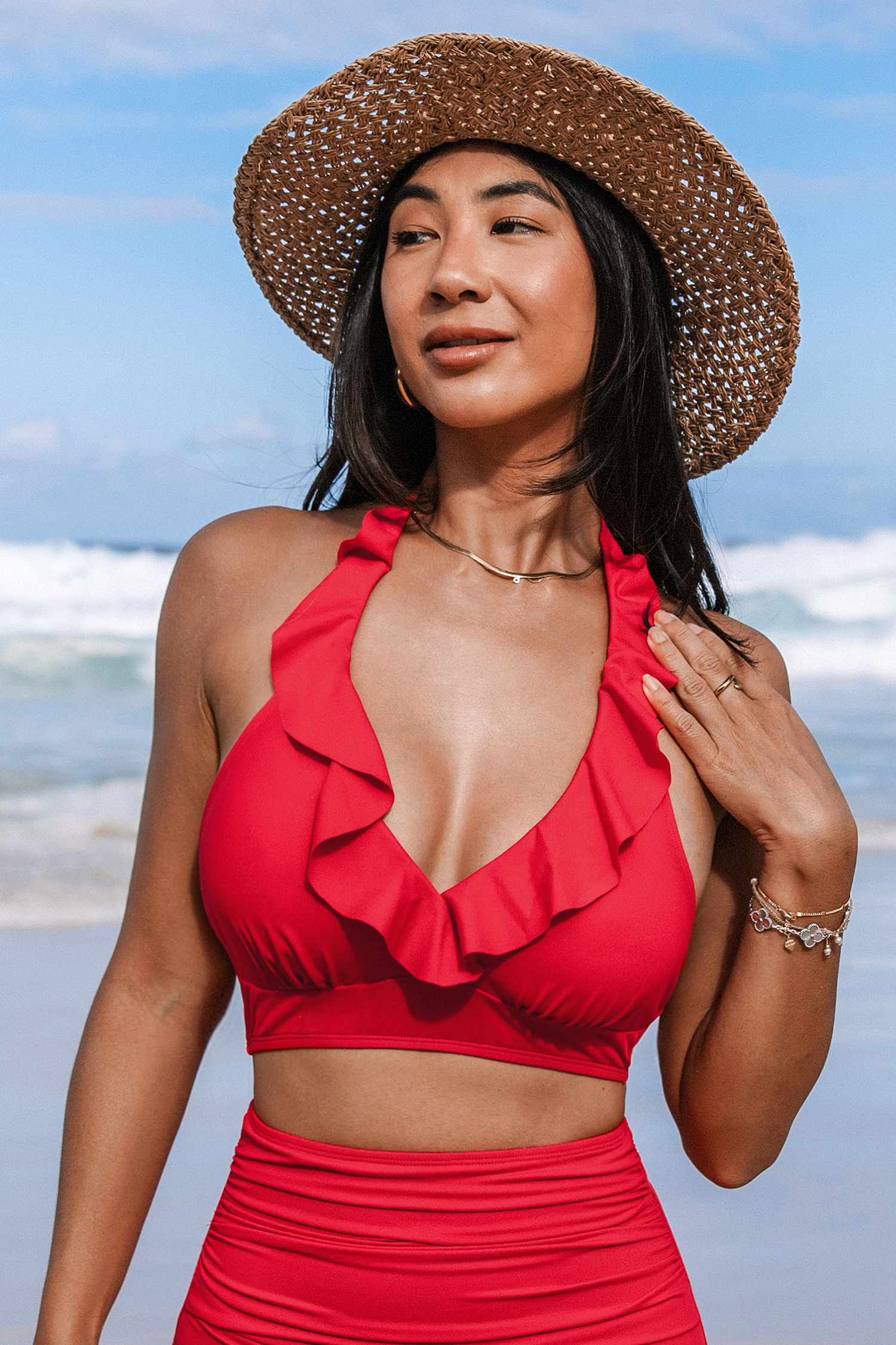 Red Ruffle Halter Bikini Top with Tie Back for Beach