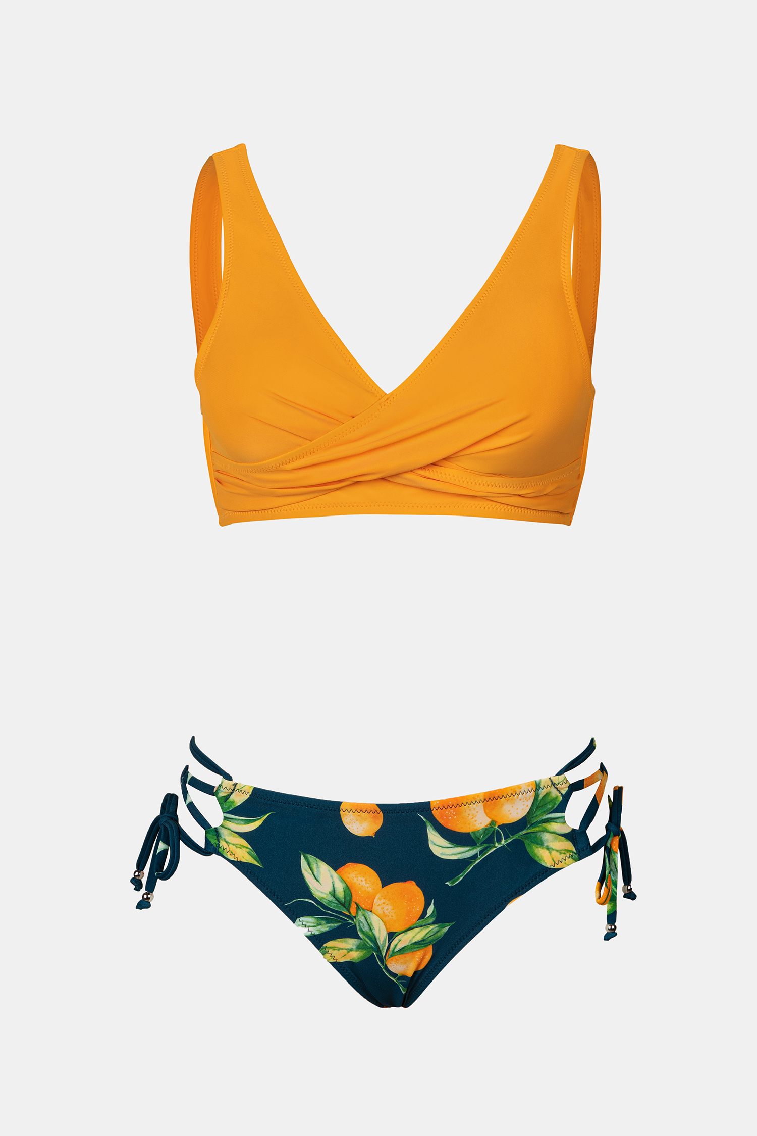 Gelbes Bikini-Set mit Wickelvorderseite und Rückenbindung