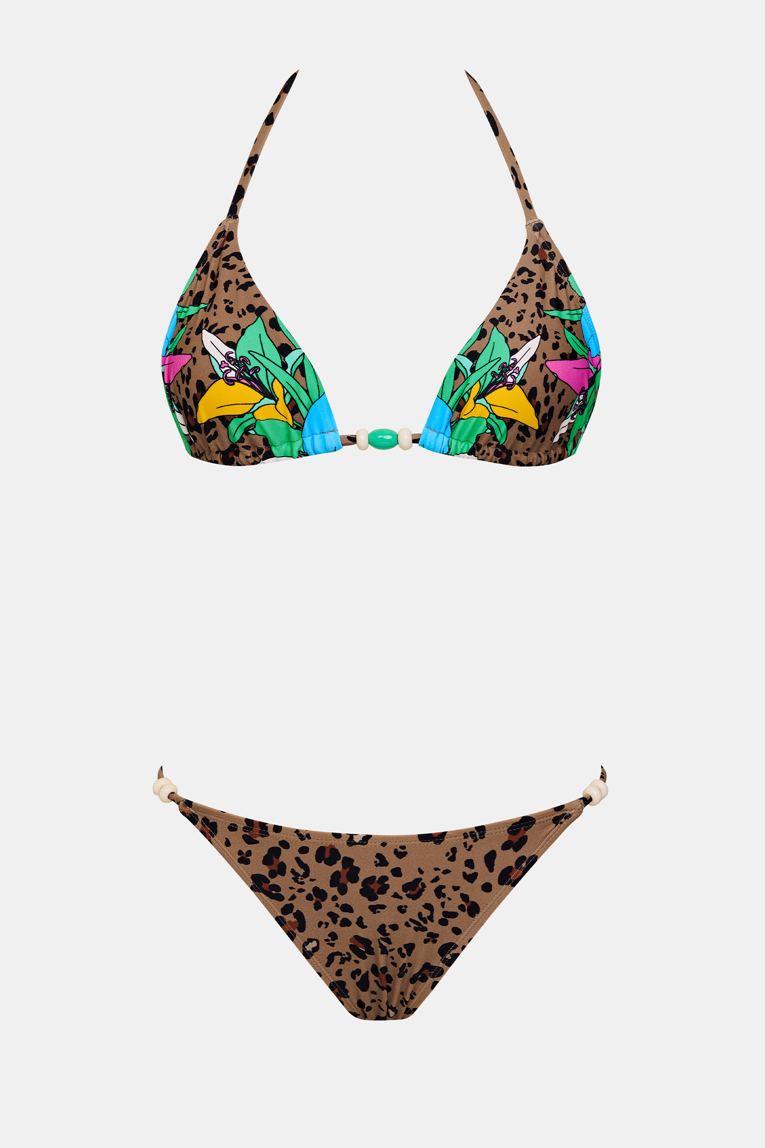 Braunes Triangel-Tanga-Bikini-Set mit gemischtem Print