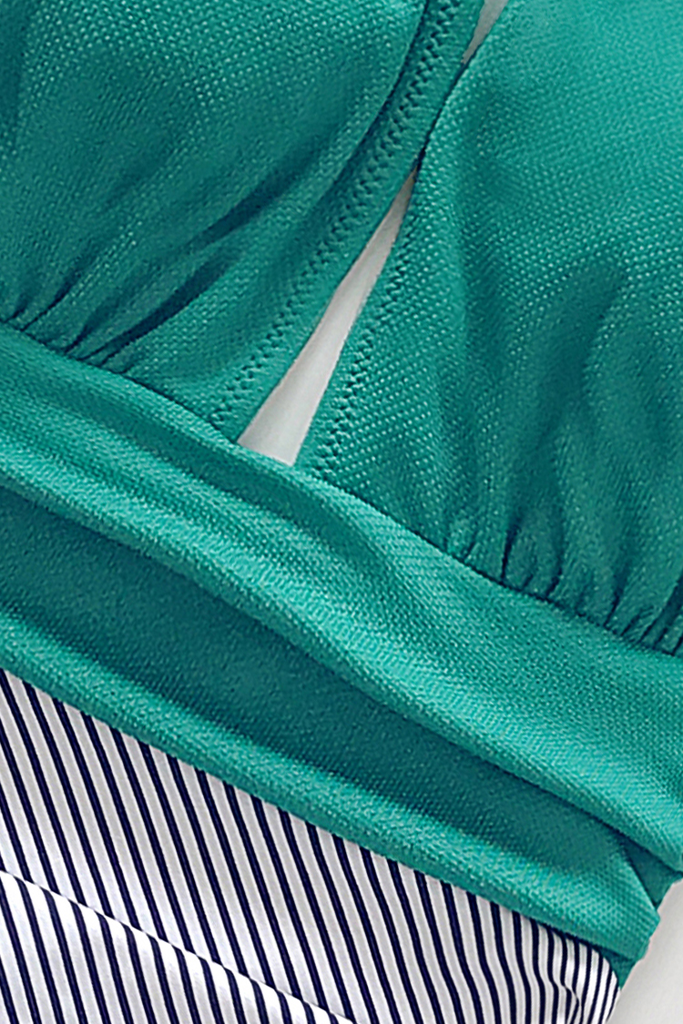 Aqua Textured and Striped Halter Tummy Control One Piece Swimsuit