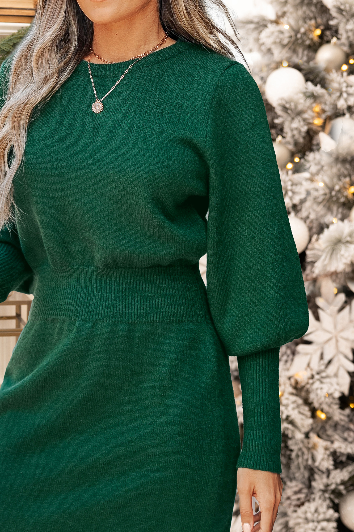 Green Knit Blouson Sleeve Mini Dress