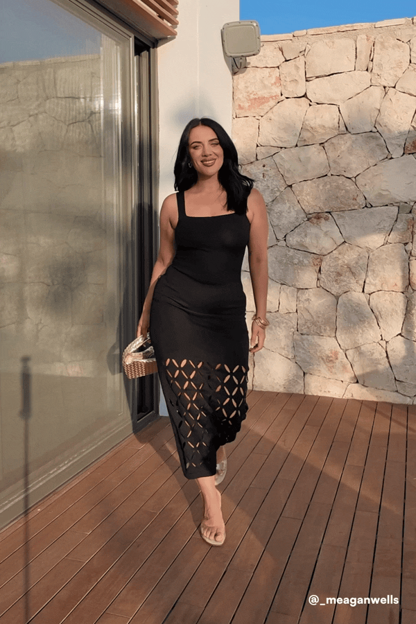 Black Square Neck Geometric Cutout Knit Maxi Dress