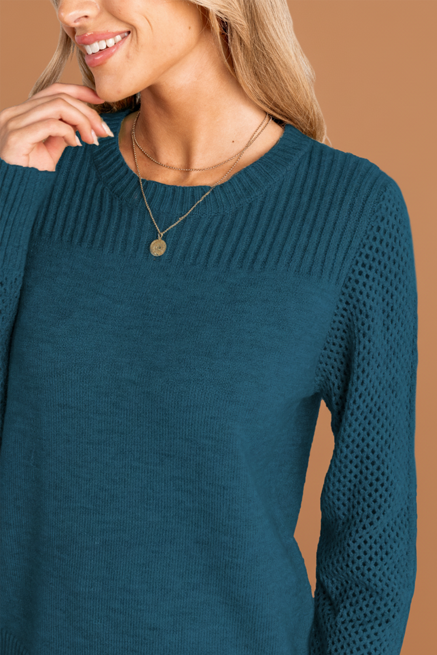 Blue Round Neck Perforated Long Sleeve Knitted Jumper