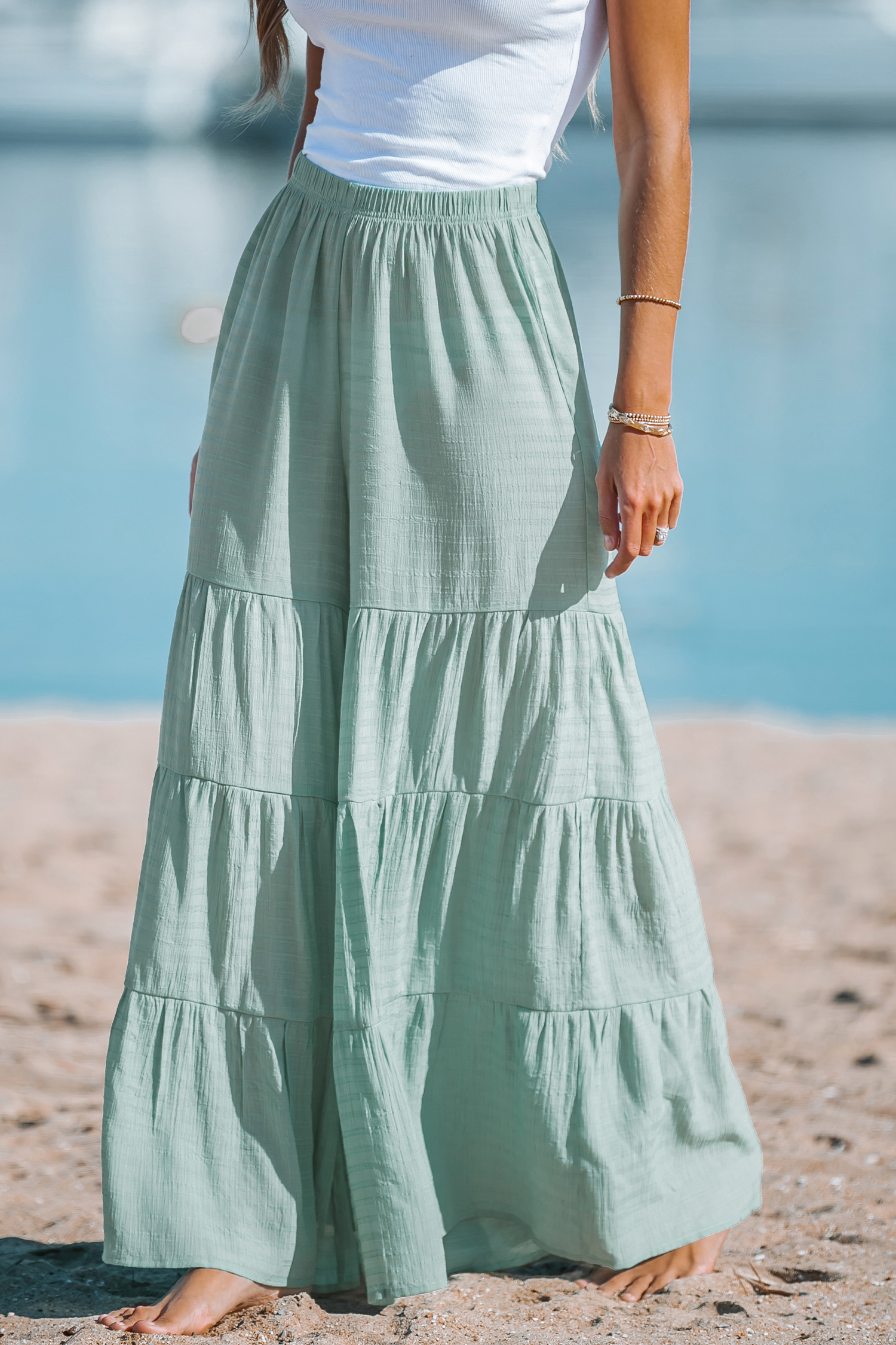 Tiered Hem Wide-Leg Pants