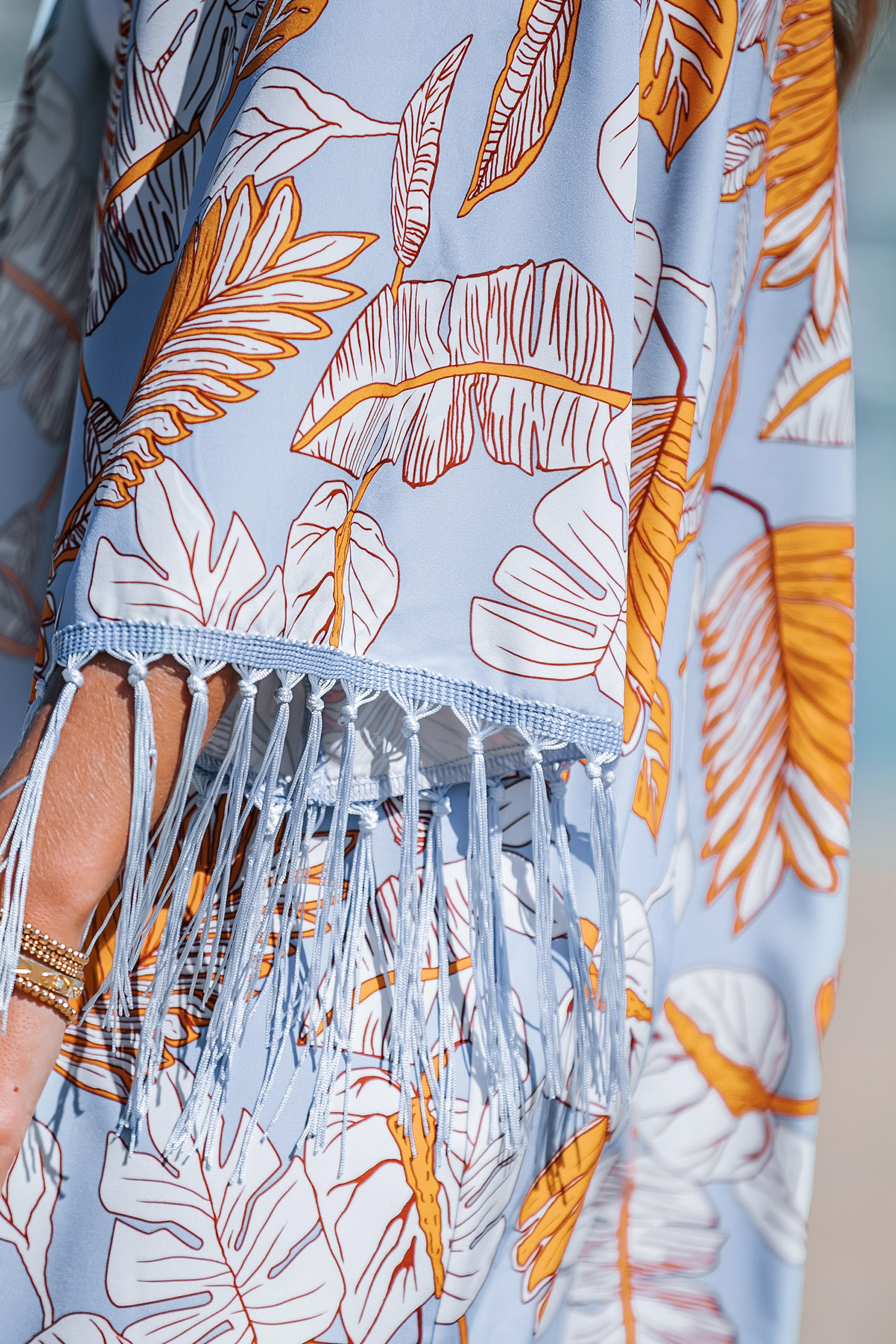 Leaf Print Fringe Cover-Up Kimono