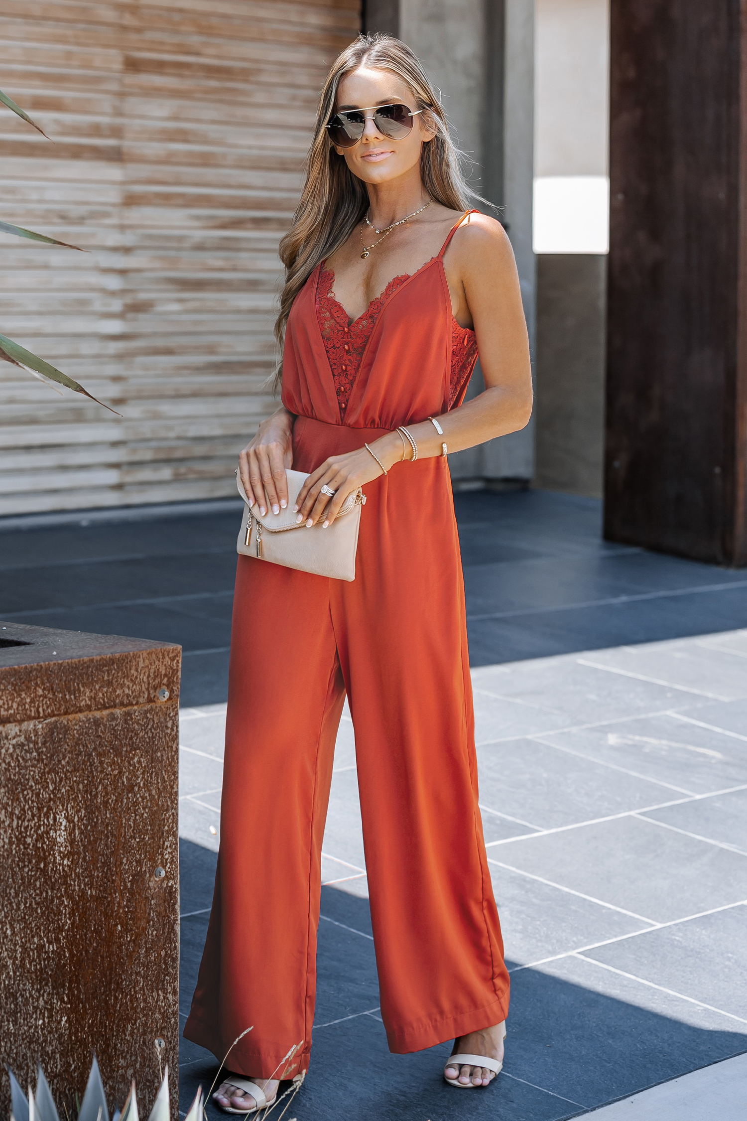 Satin V-Neck Lace Jumpsuit