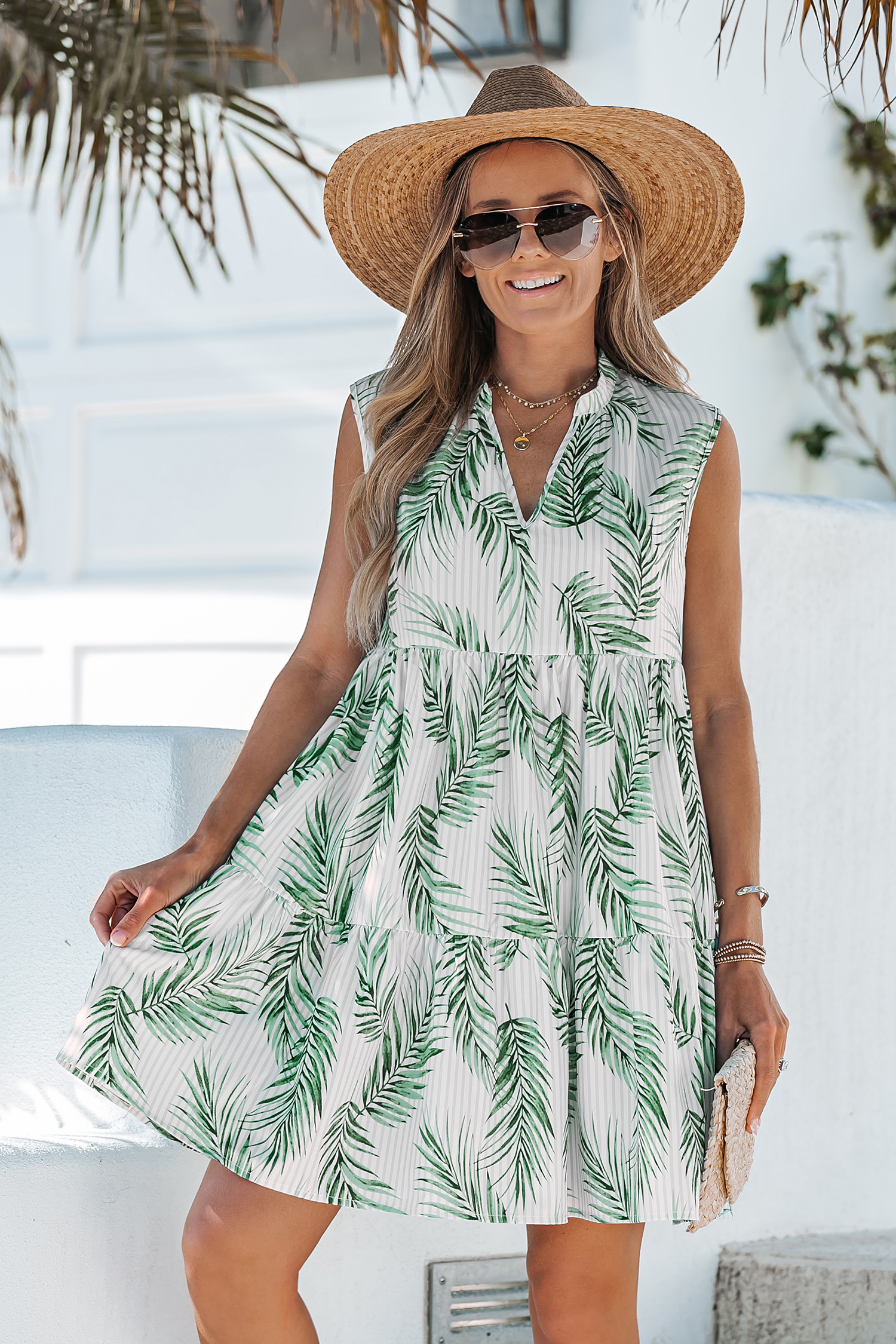 Tropical Leaf Print Striped Mini Dress