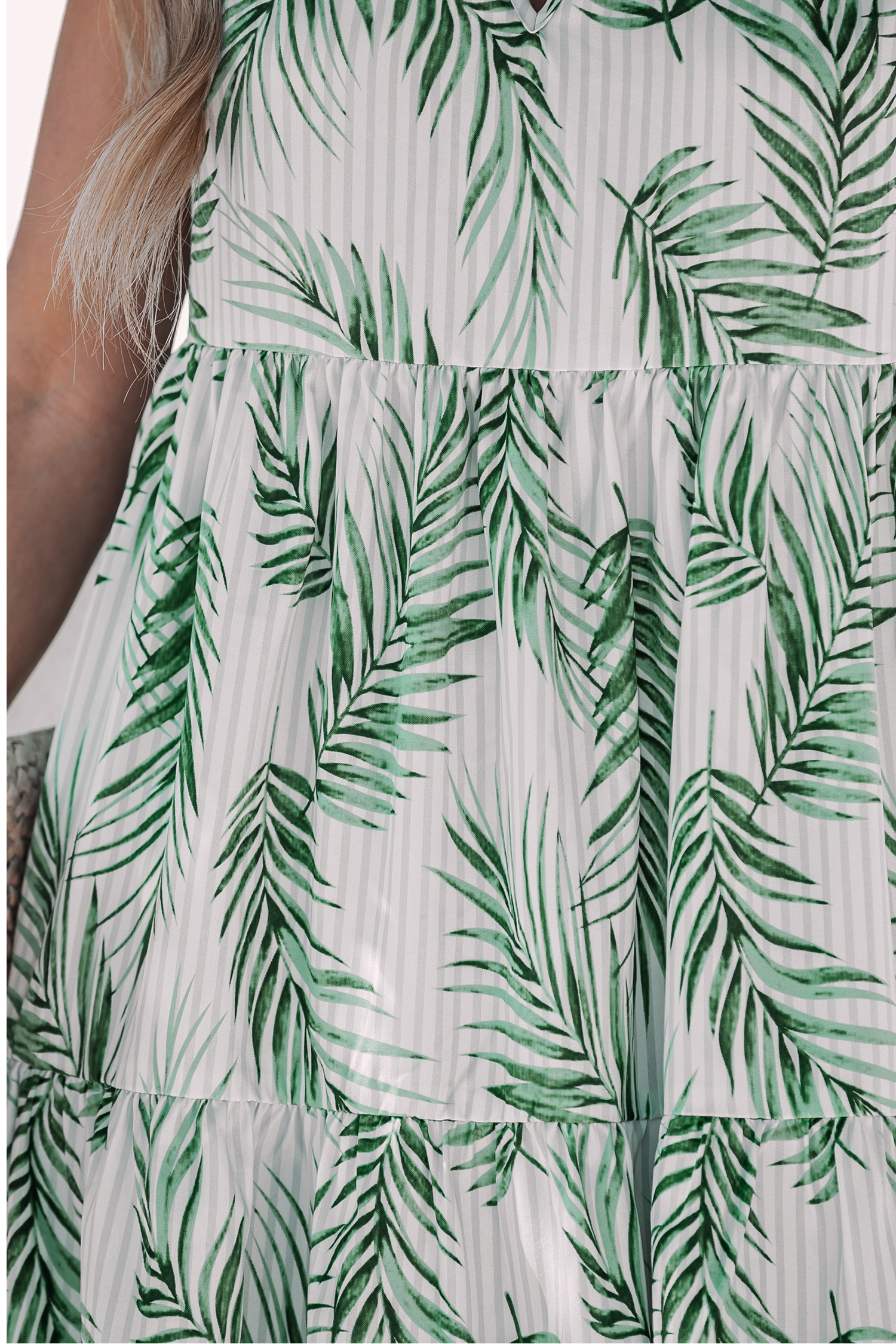 Tropical Leaf Print Striped Mini Dress