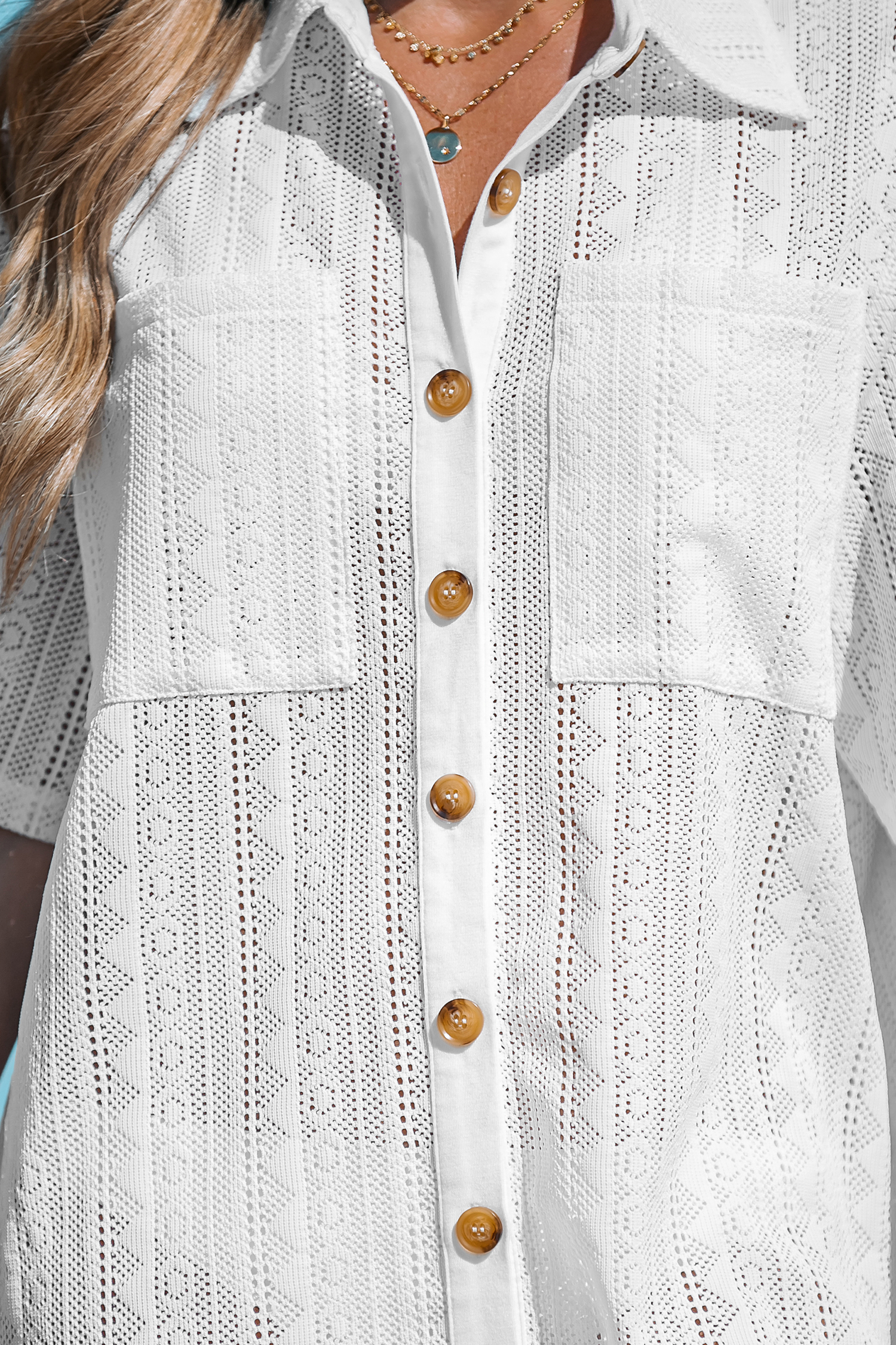 Crochet Buttoned Cover-Up Shirt Dress