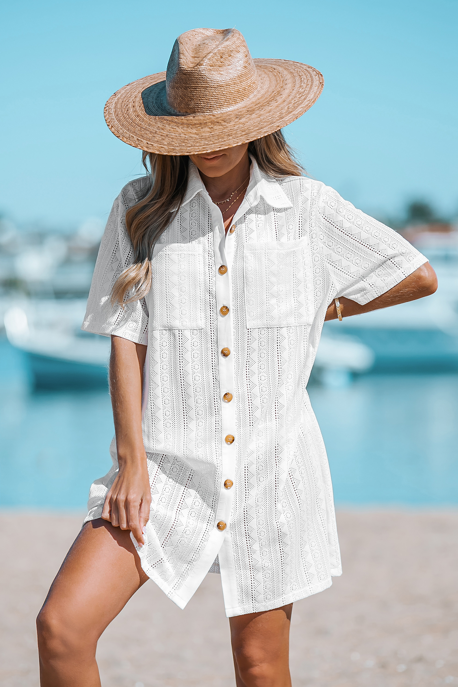 Crochet Buttoned Cover-Up Shirt Dress
