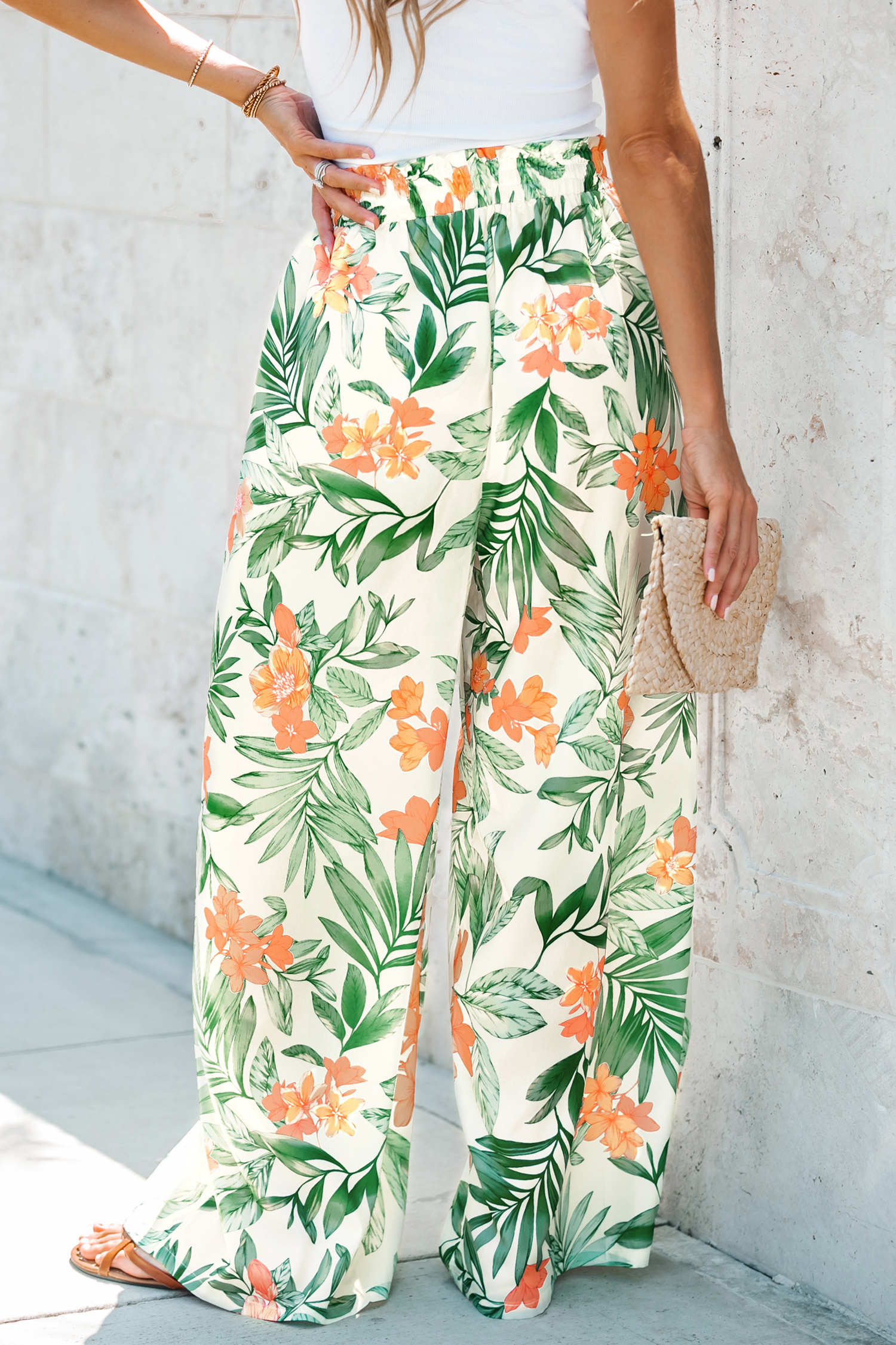 Tropical Floral Print Smocked Pants