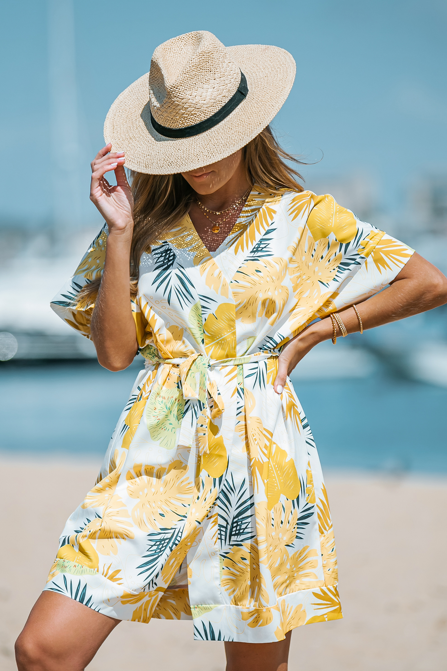 Tropical Leaf Print Belted Cover-Up Kimono