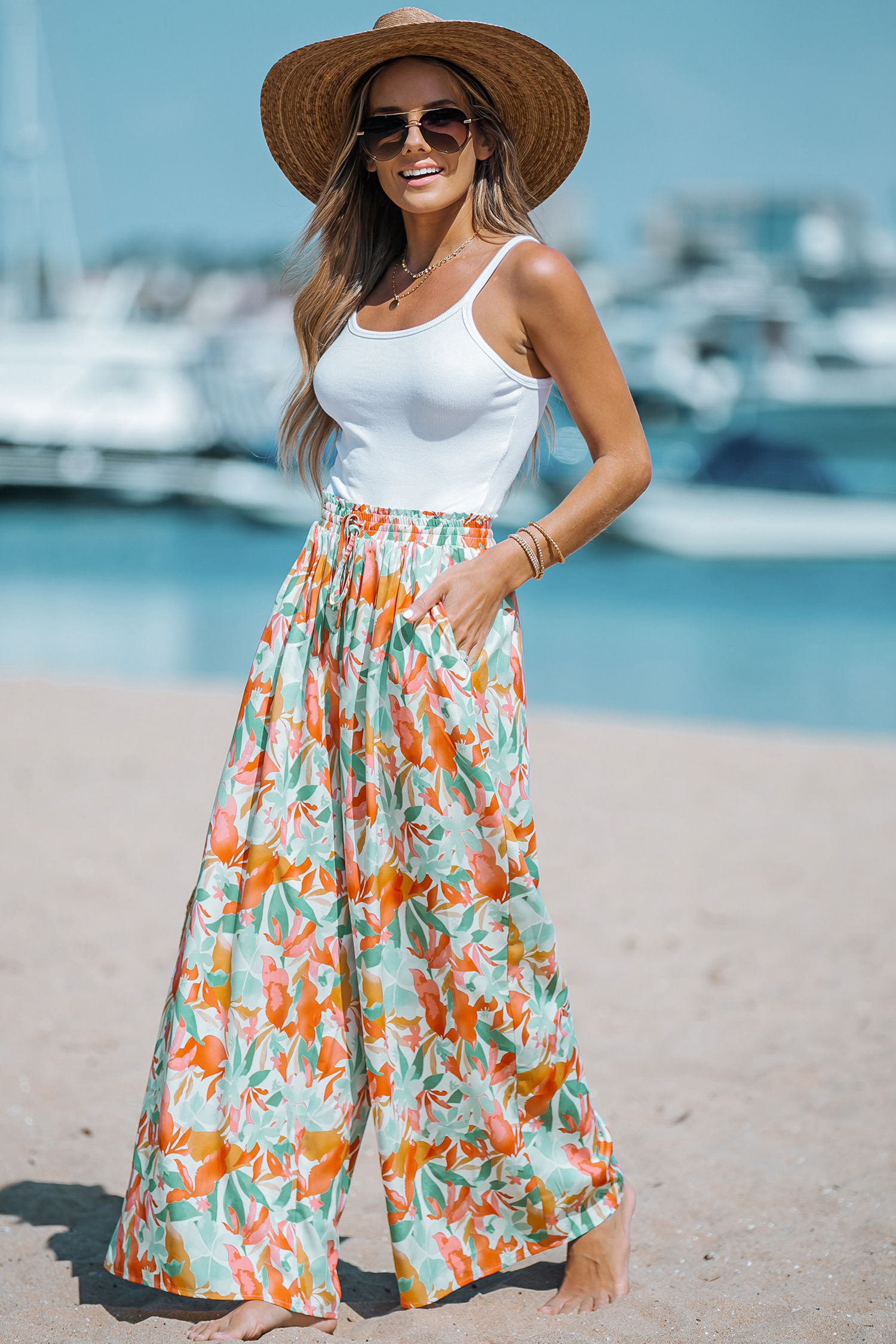 Floral Print Smocked Paperbag Pants