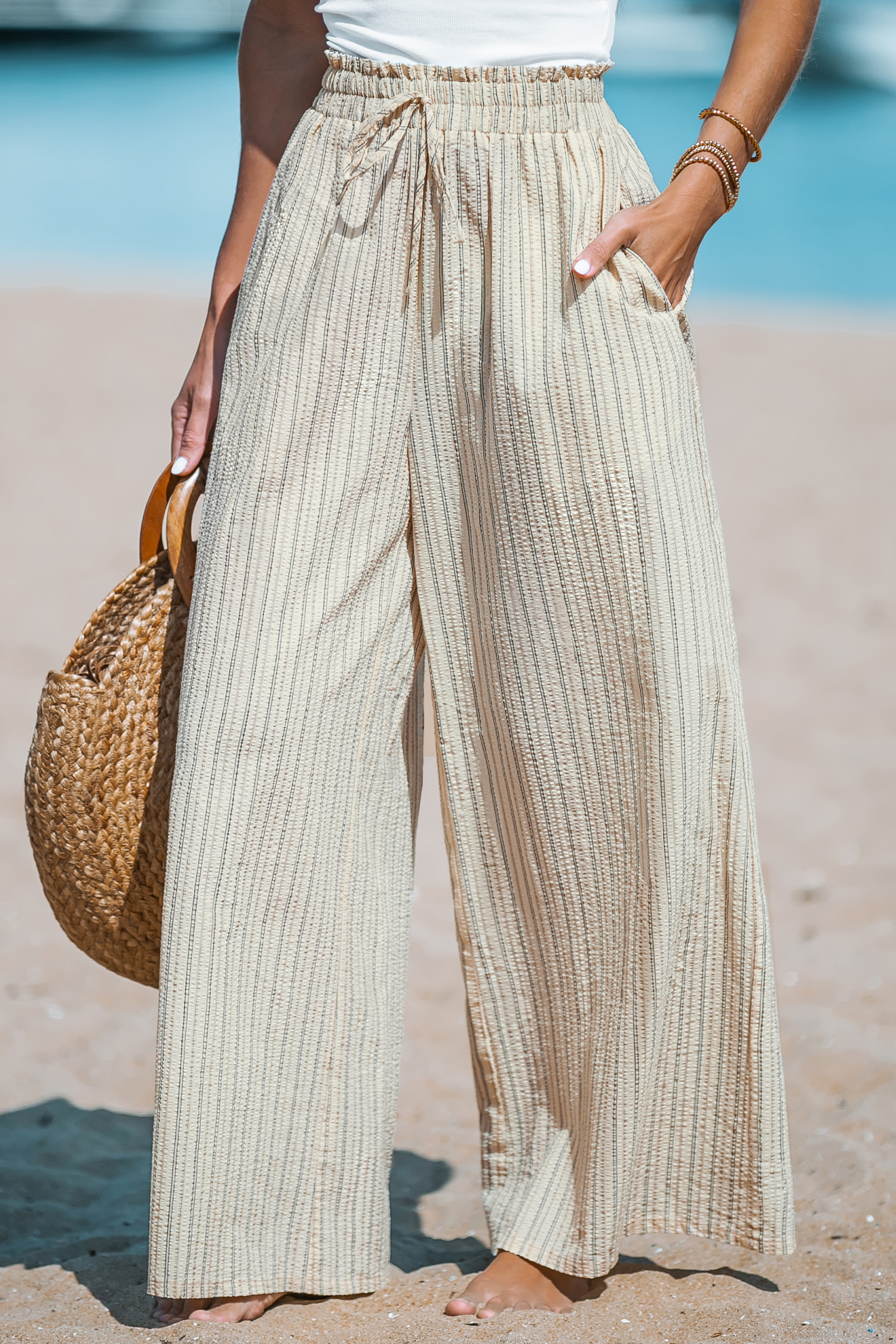 Striped Smocked Paperbag Pants