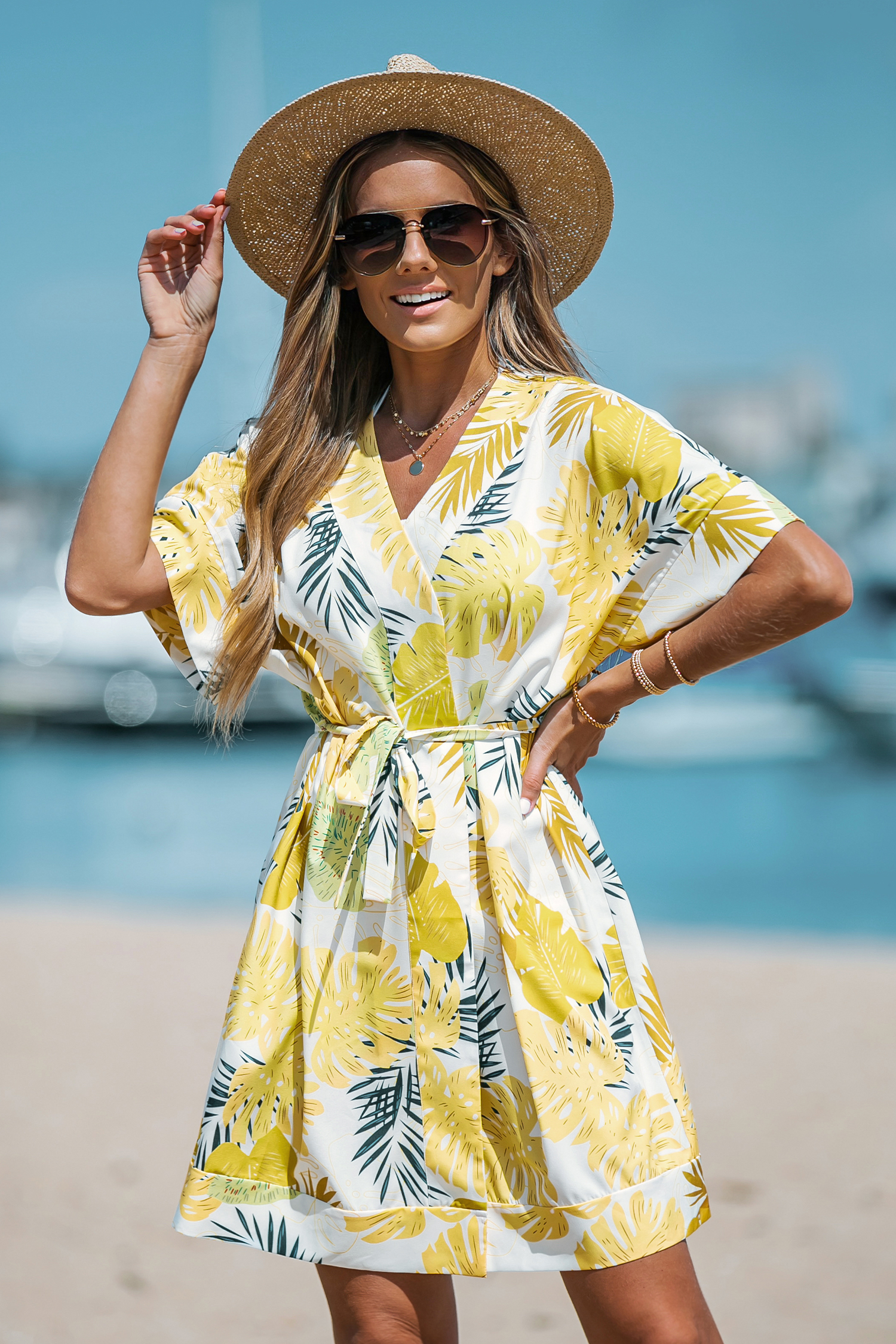 Tropical Leaf Print Belted Cover-Up Kimono