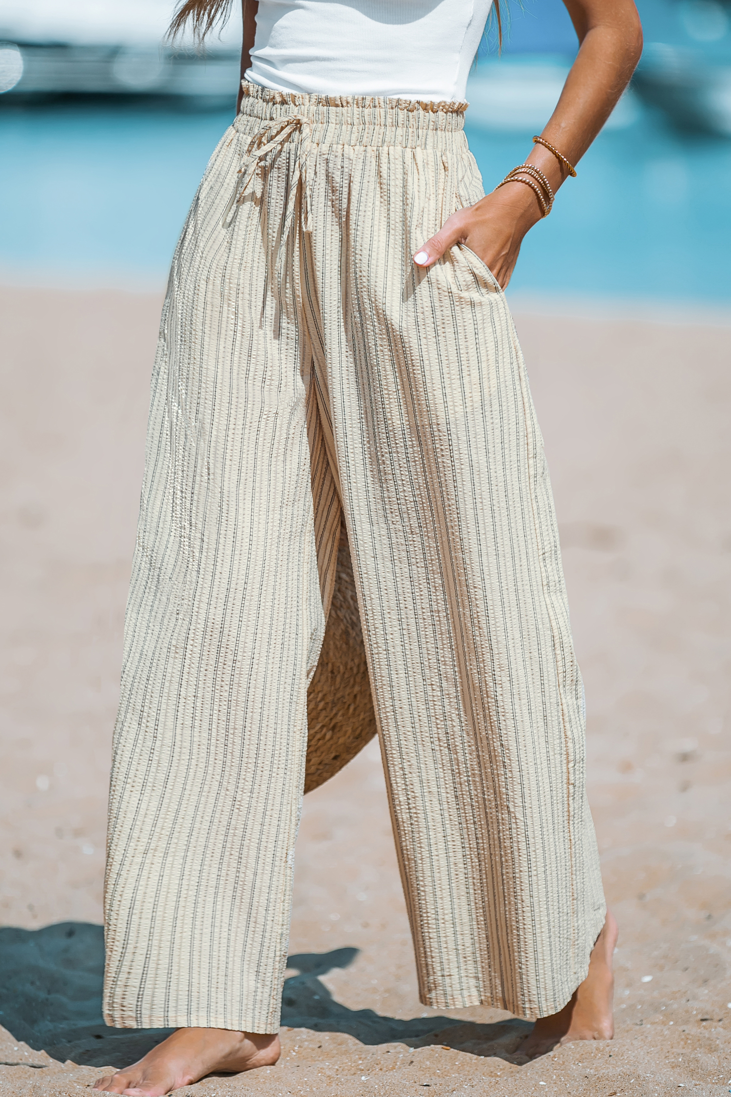 Striped Smocked Paperbag Pants