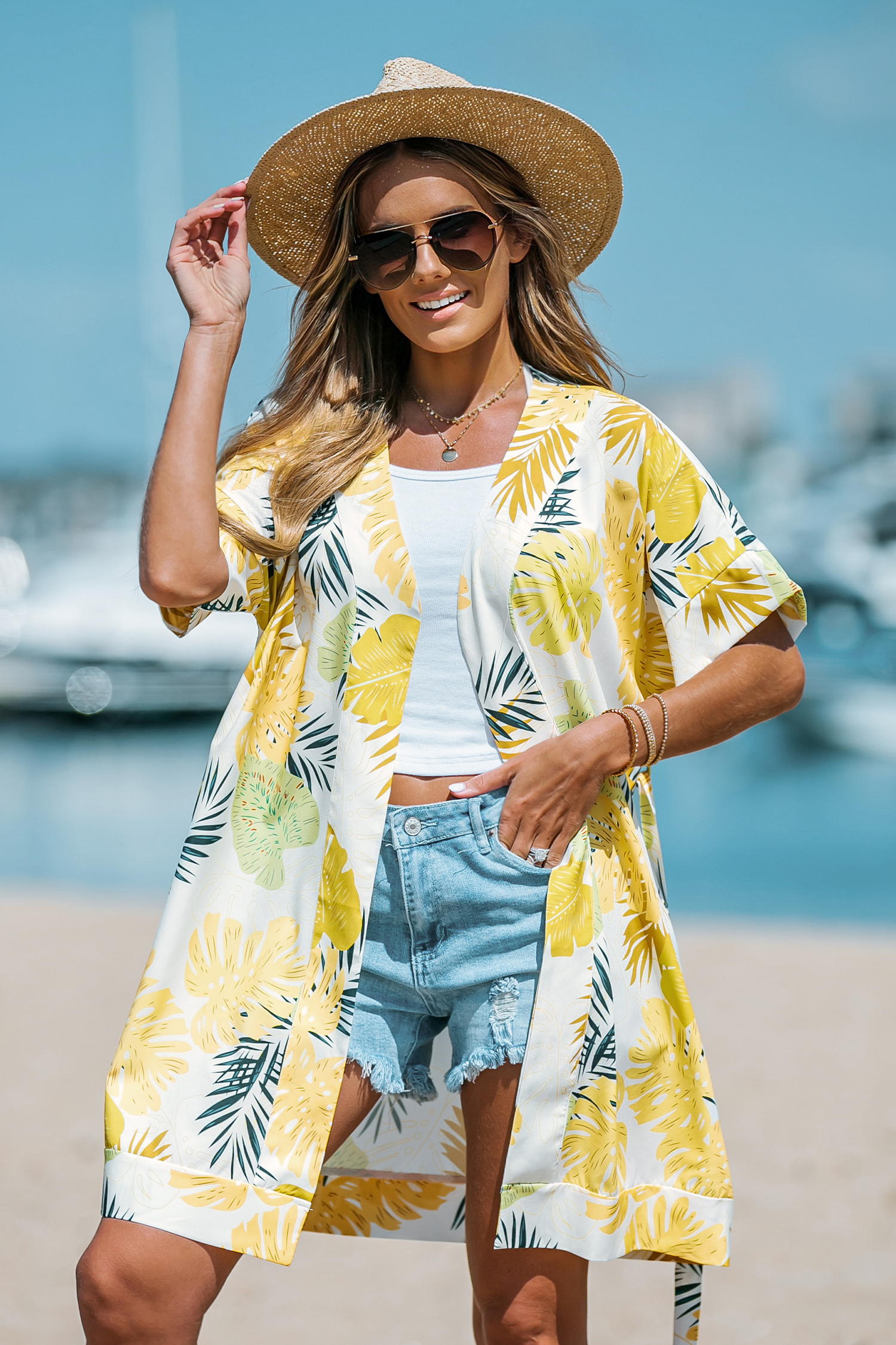 Tropical Leaf Print Belted Cover-Up Kimono