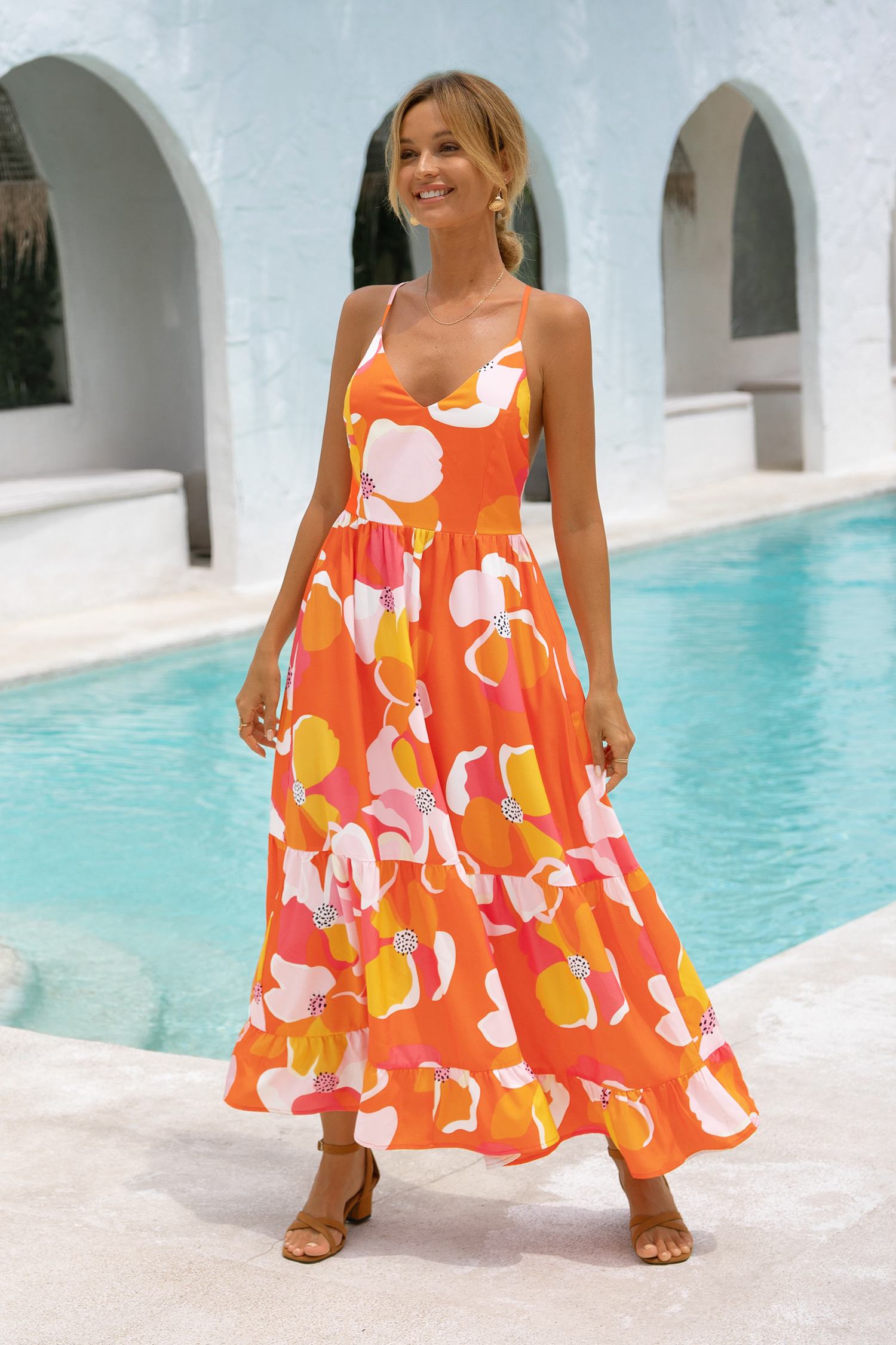 Floral Print V-Neck Flounce Dress