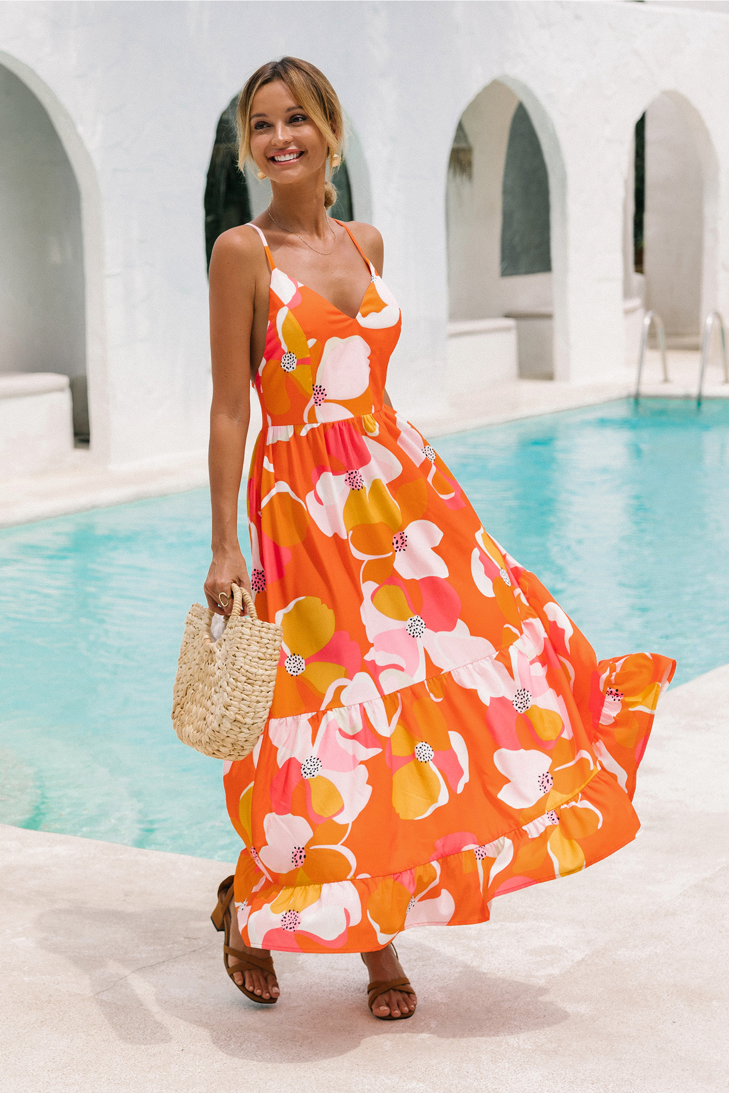 Floral Print V-Neck Flounce Dress