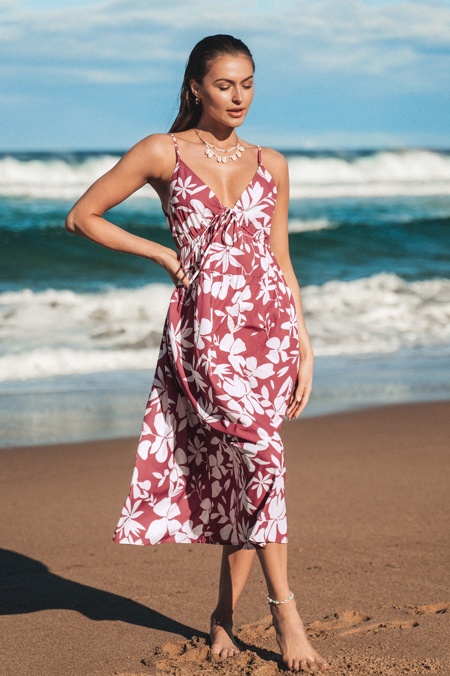 Floral Print Plunging Drawstring Dress