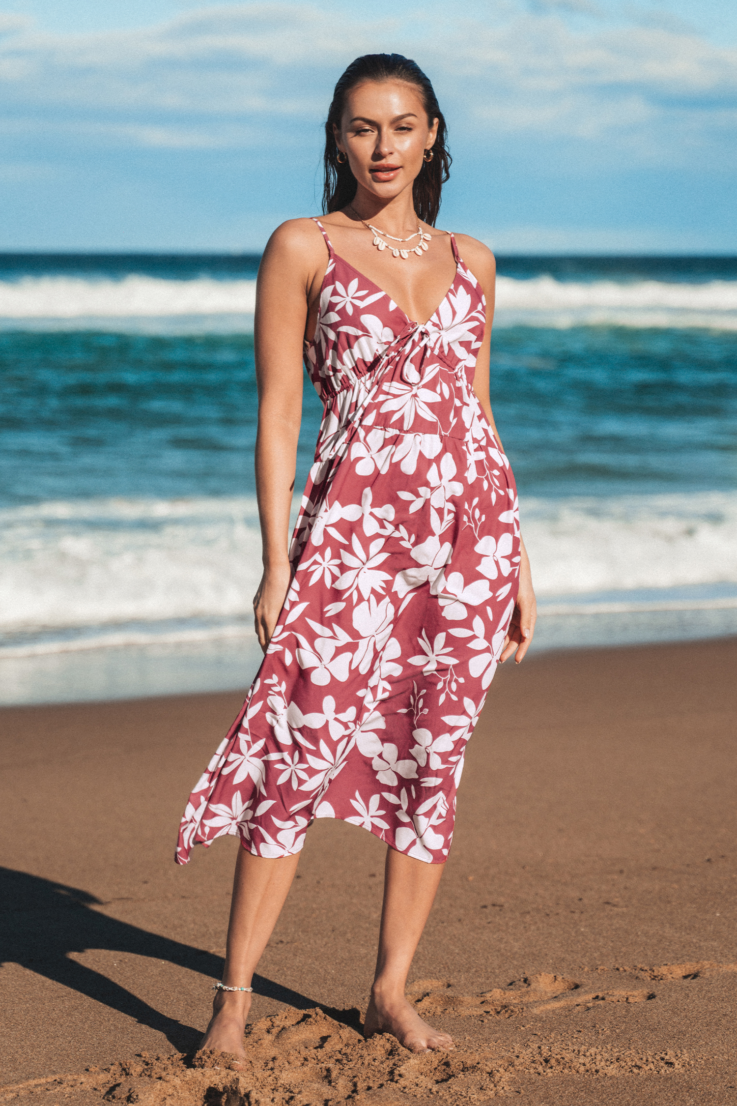 Floral Print Plunging Drawstring Dress