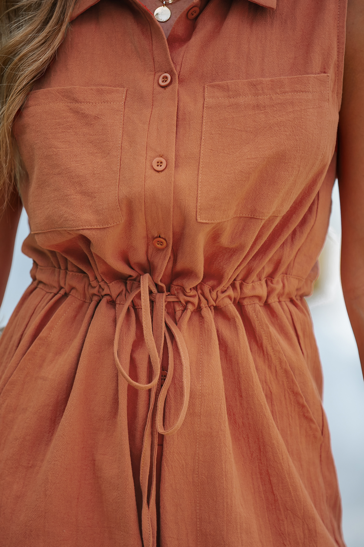 Burnt Orange Buttoned Drawstring Playsuit