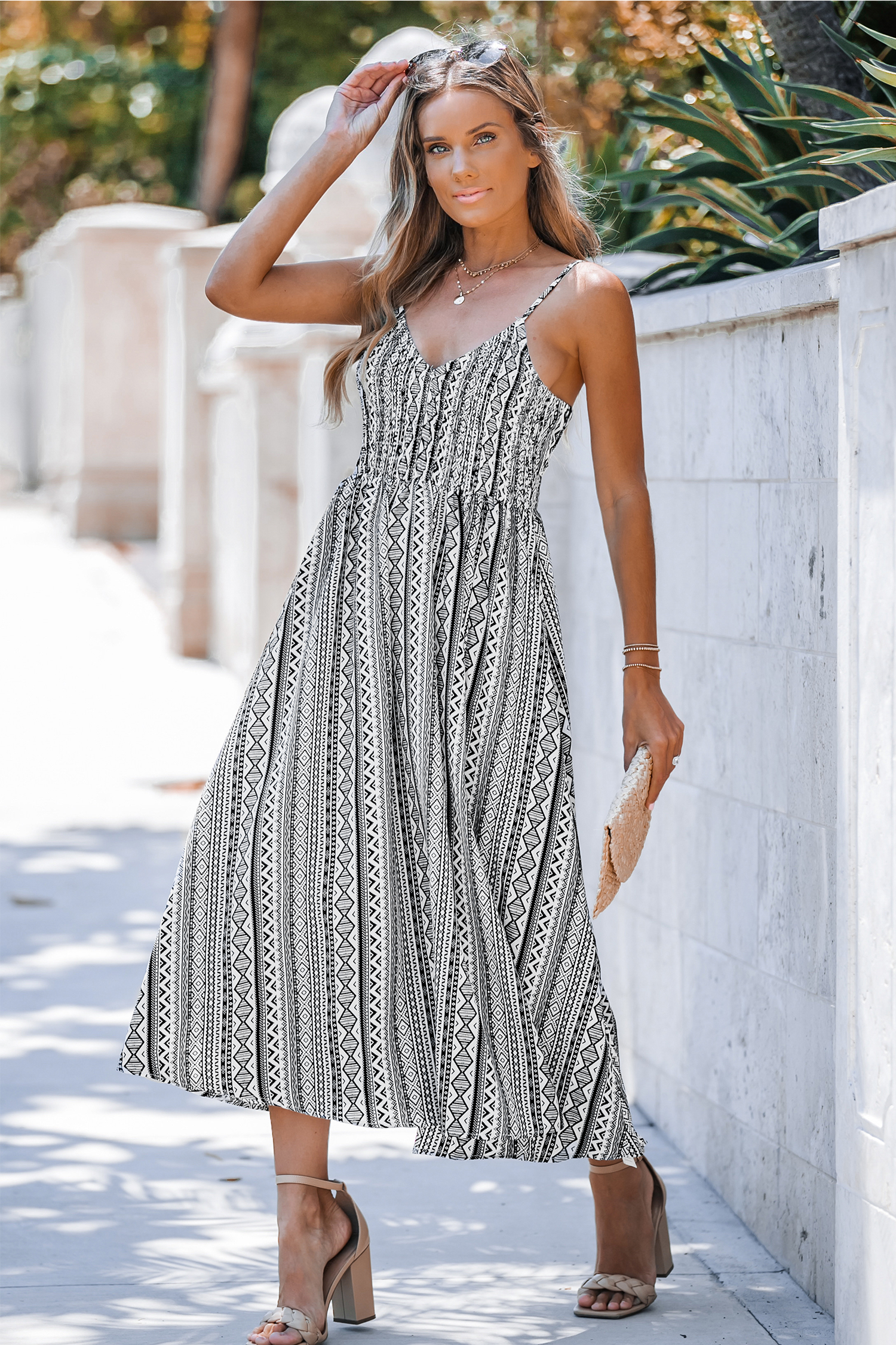 Geo Print Smocked V-Neck Maxi Dress