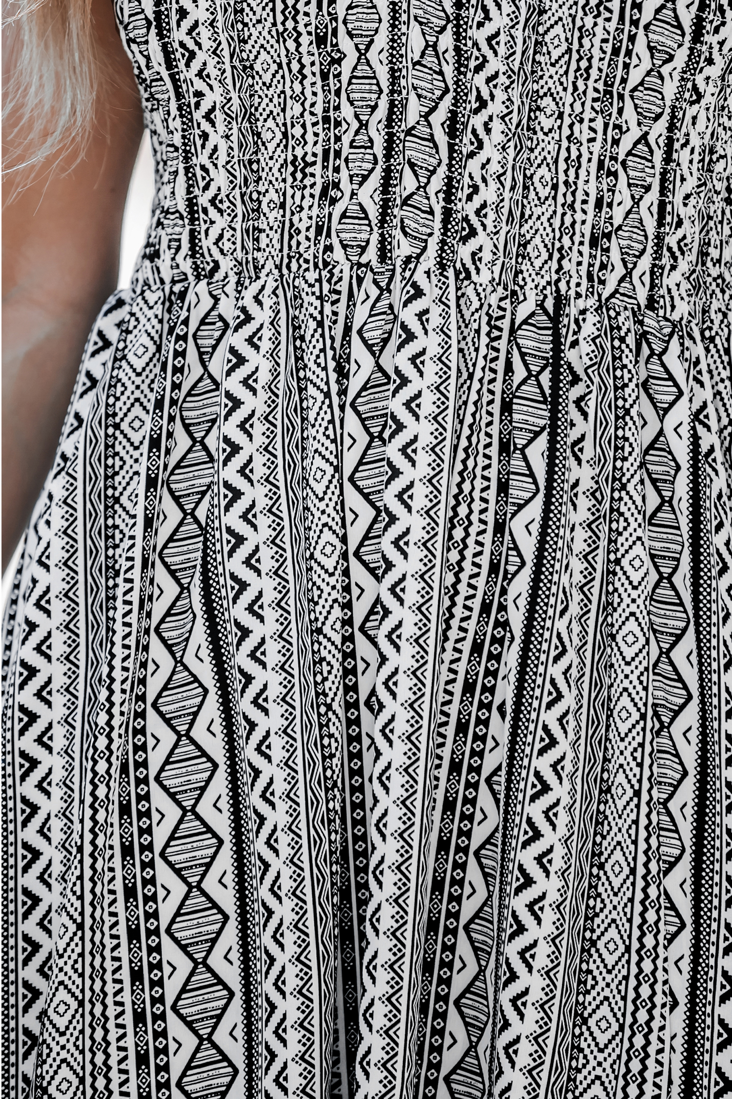 Geo Print Smocked V-Neck Maxi Dress