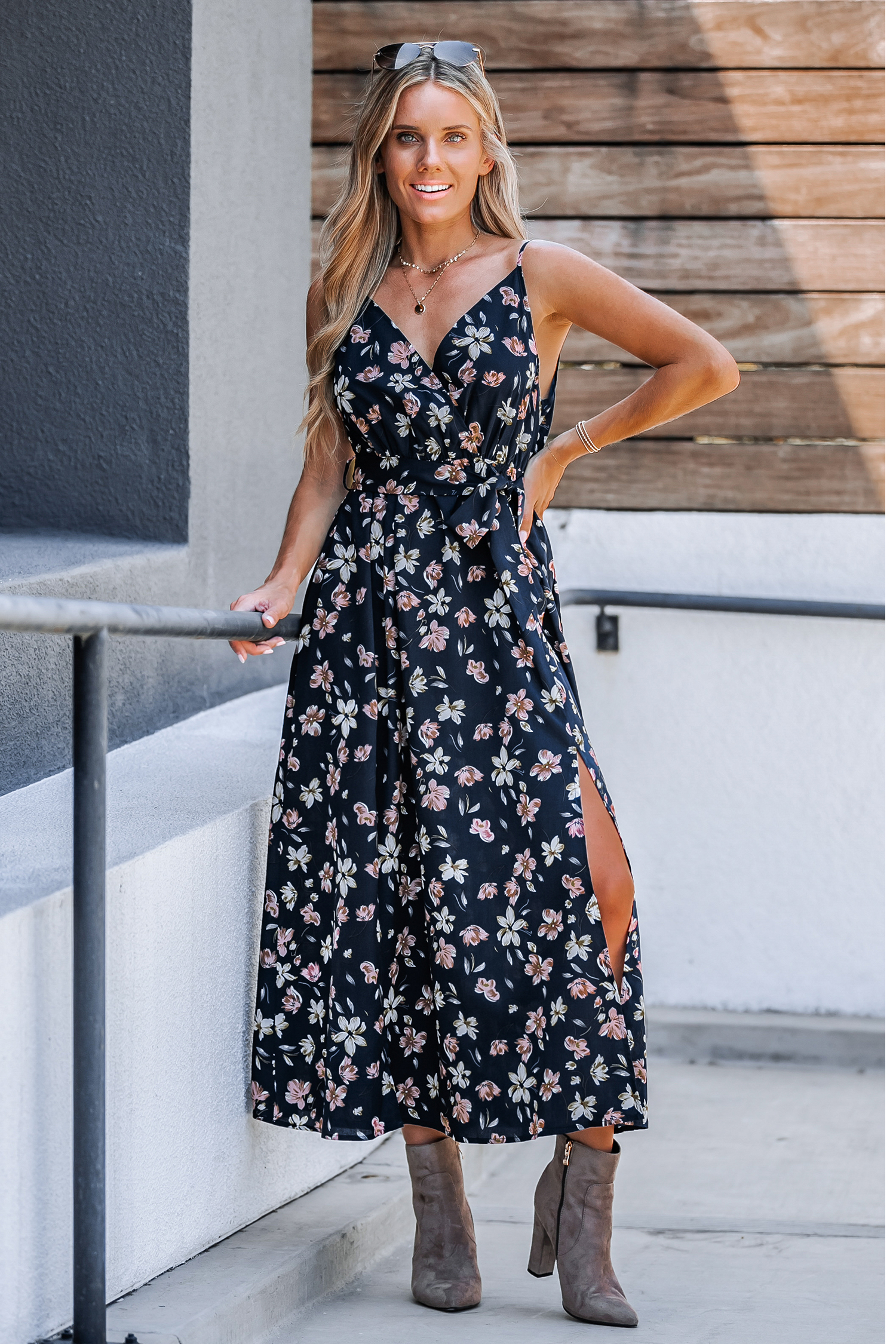 Belted Floral Print Maxi Dress
