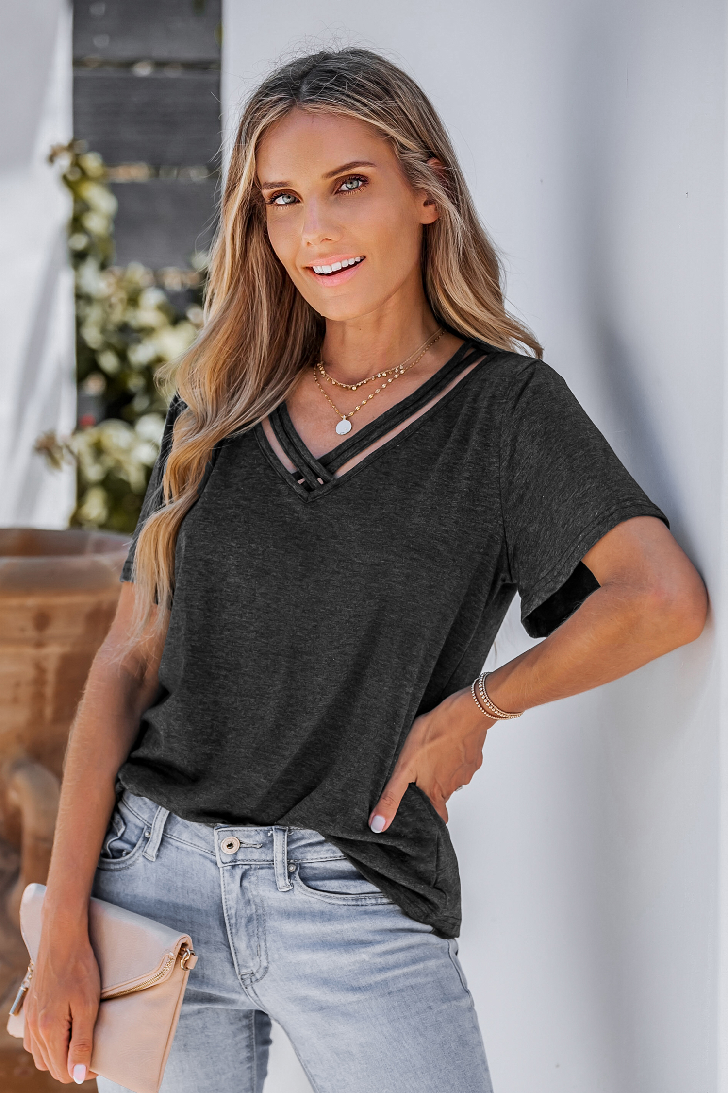 T-shirt découpé à lanières en tricot slub