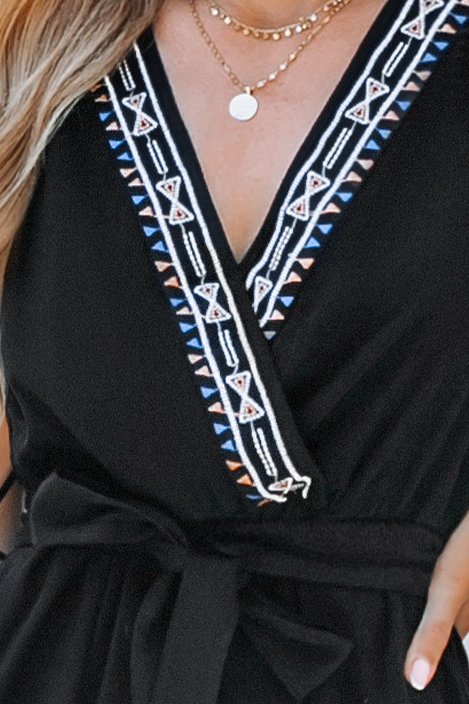 Geo Embroidery Belted Romper