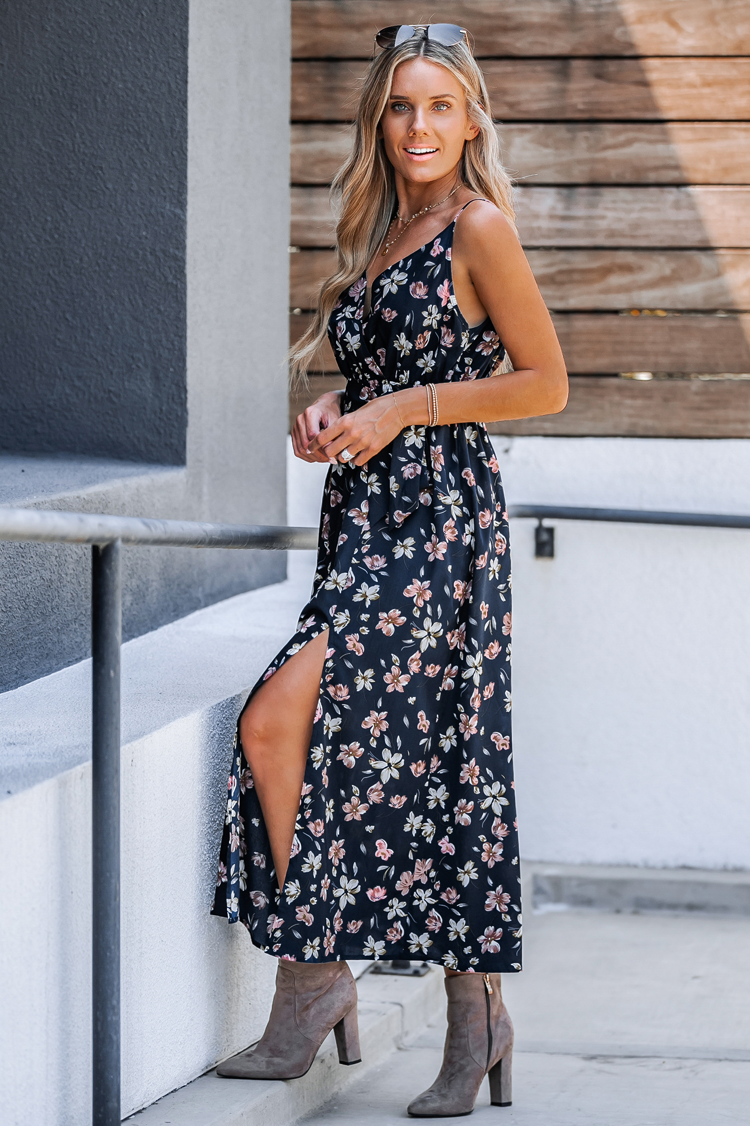 Belted Floral Print Maxi Dress