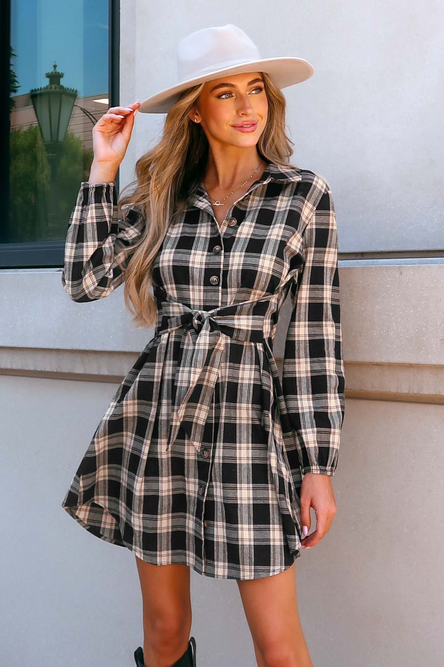 Belted Plaid Mini Shirt Dress