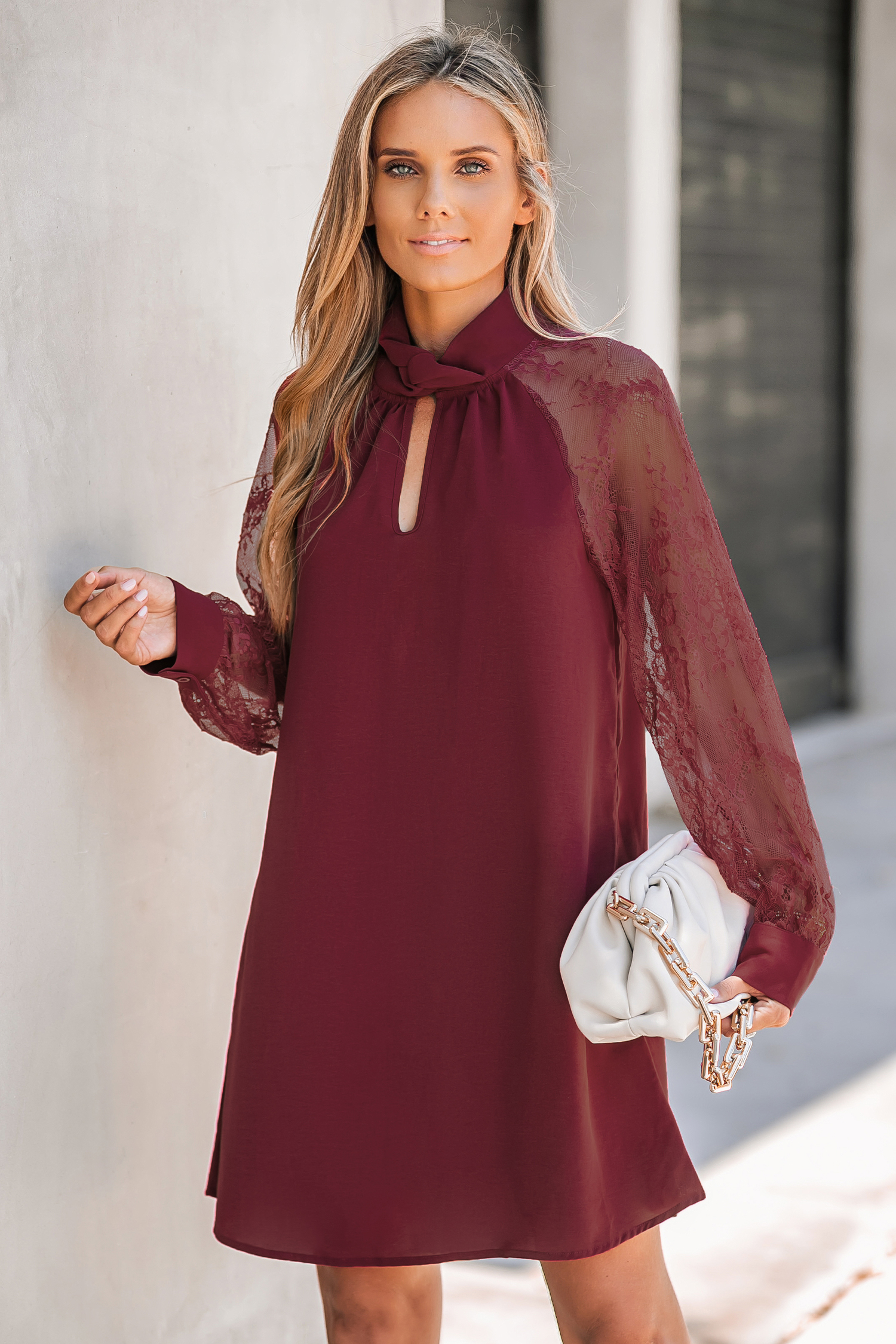 Lace Cutout Mock Neck Mini Dress