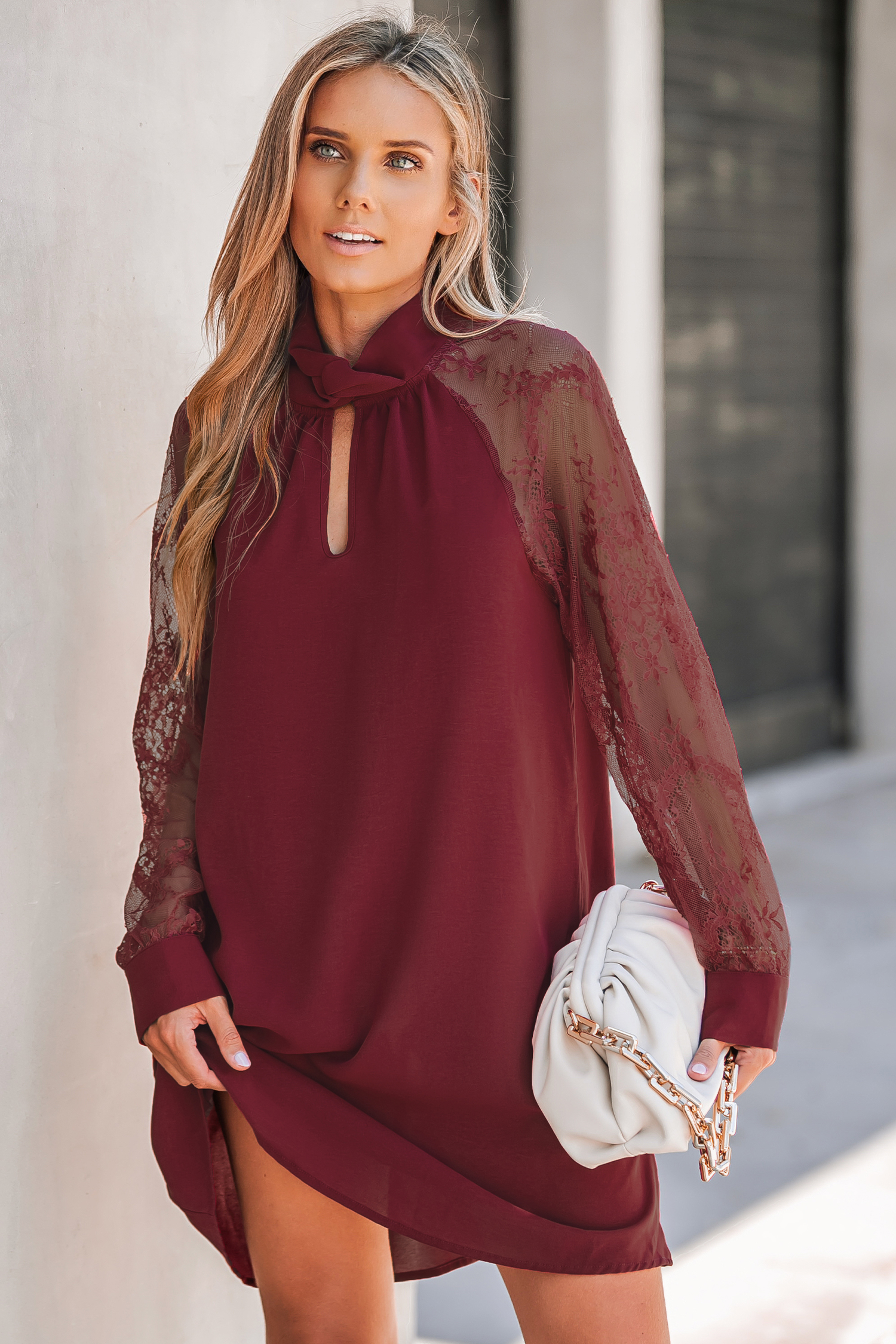 Lace Cutout Mock Neck Mini Dress