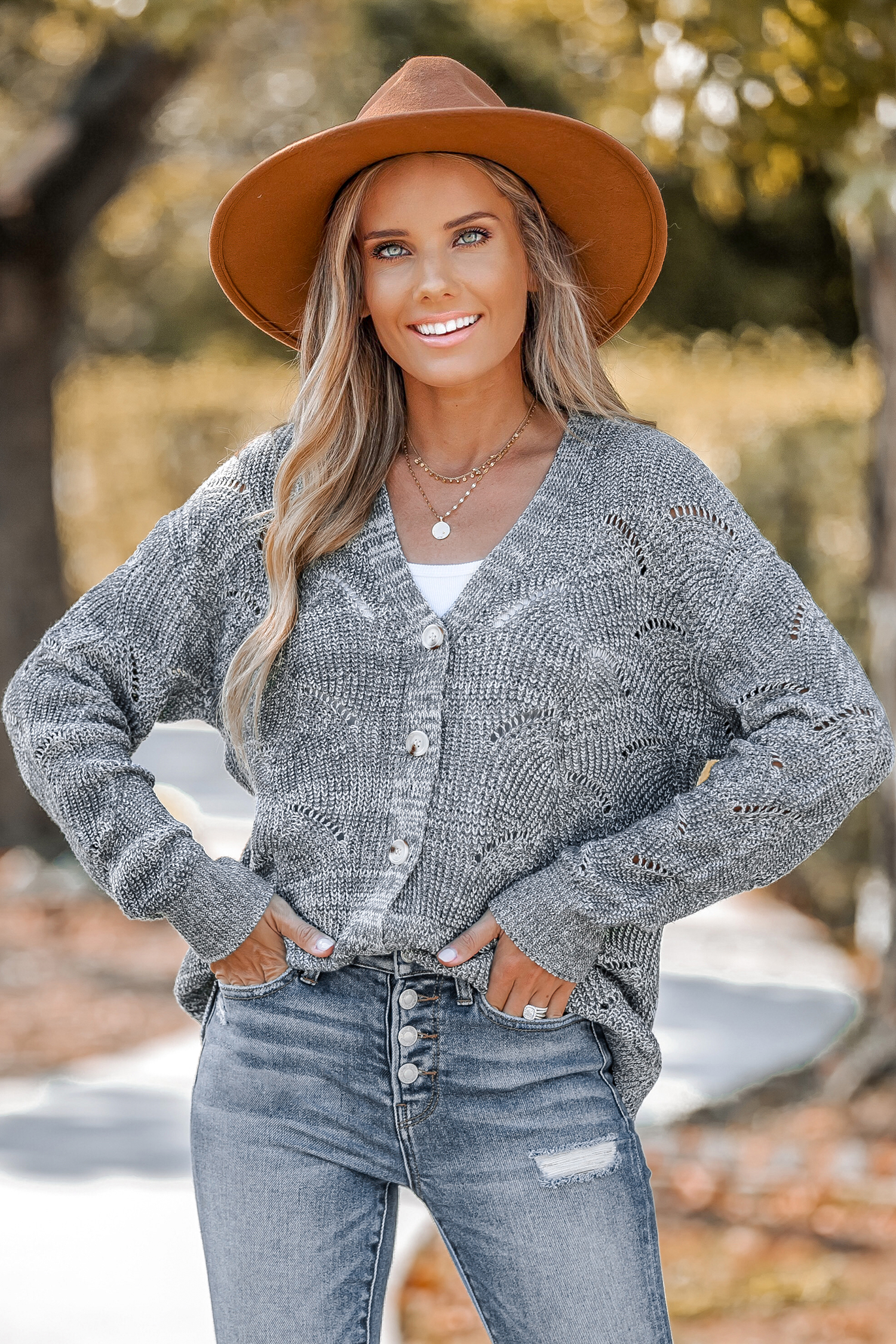 Cutout Crochet Button-Front Cardigan Sweater