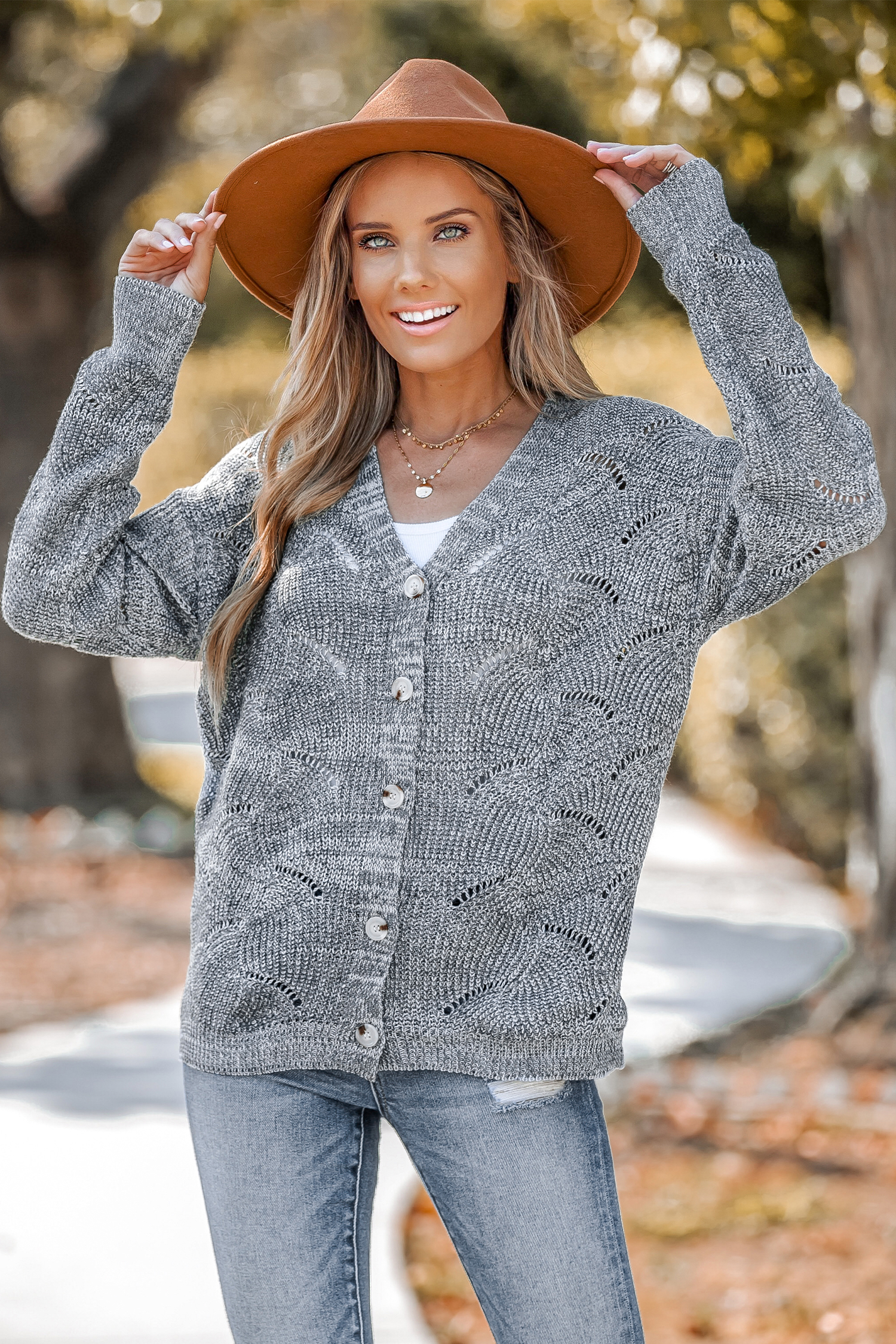 Cutout Crochet Button-Front Cardigan Sweater