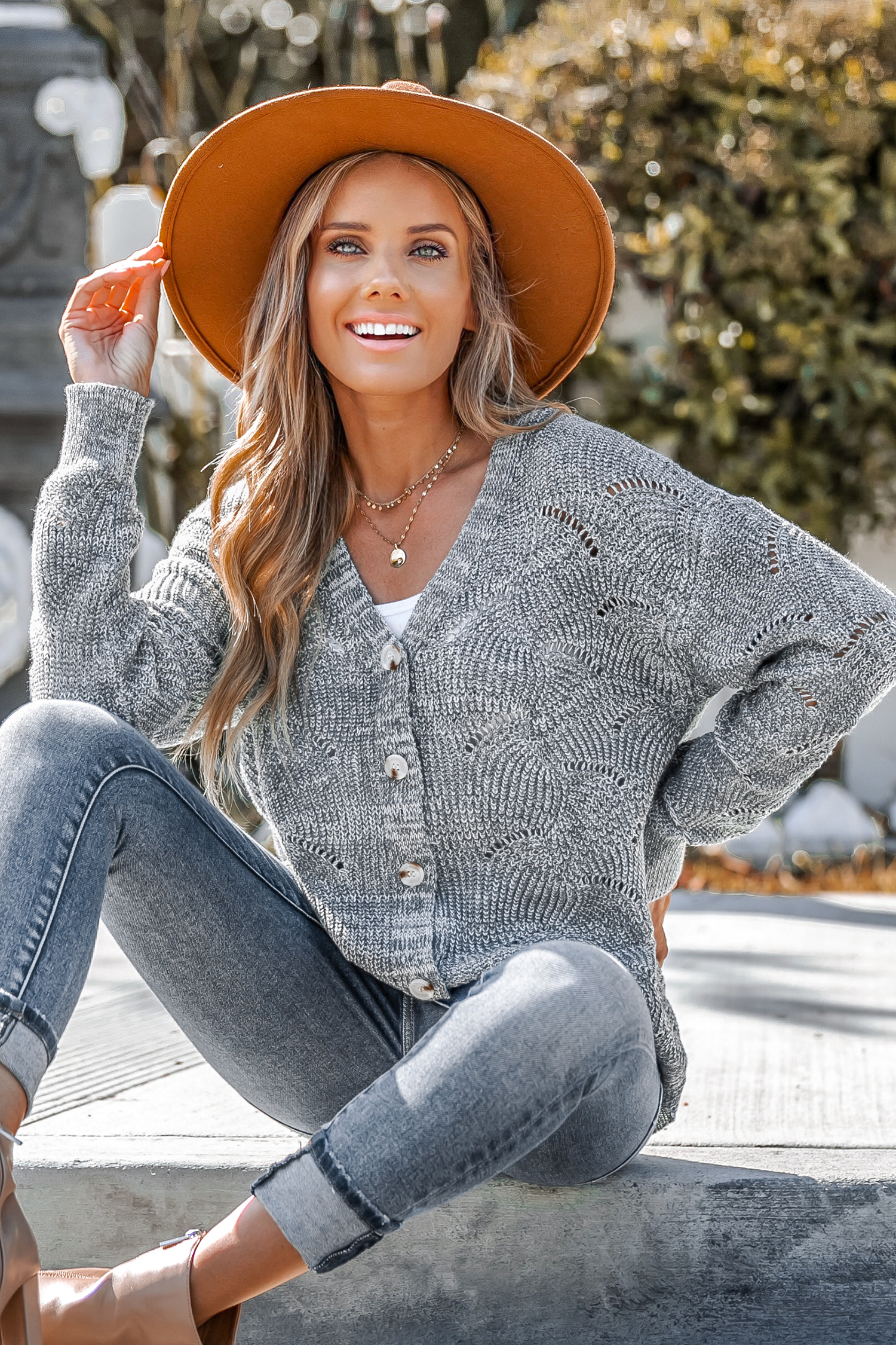 Cutout Crochet Button-Front Cardigan Sweater