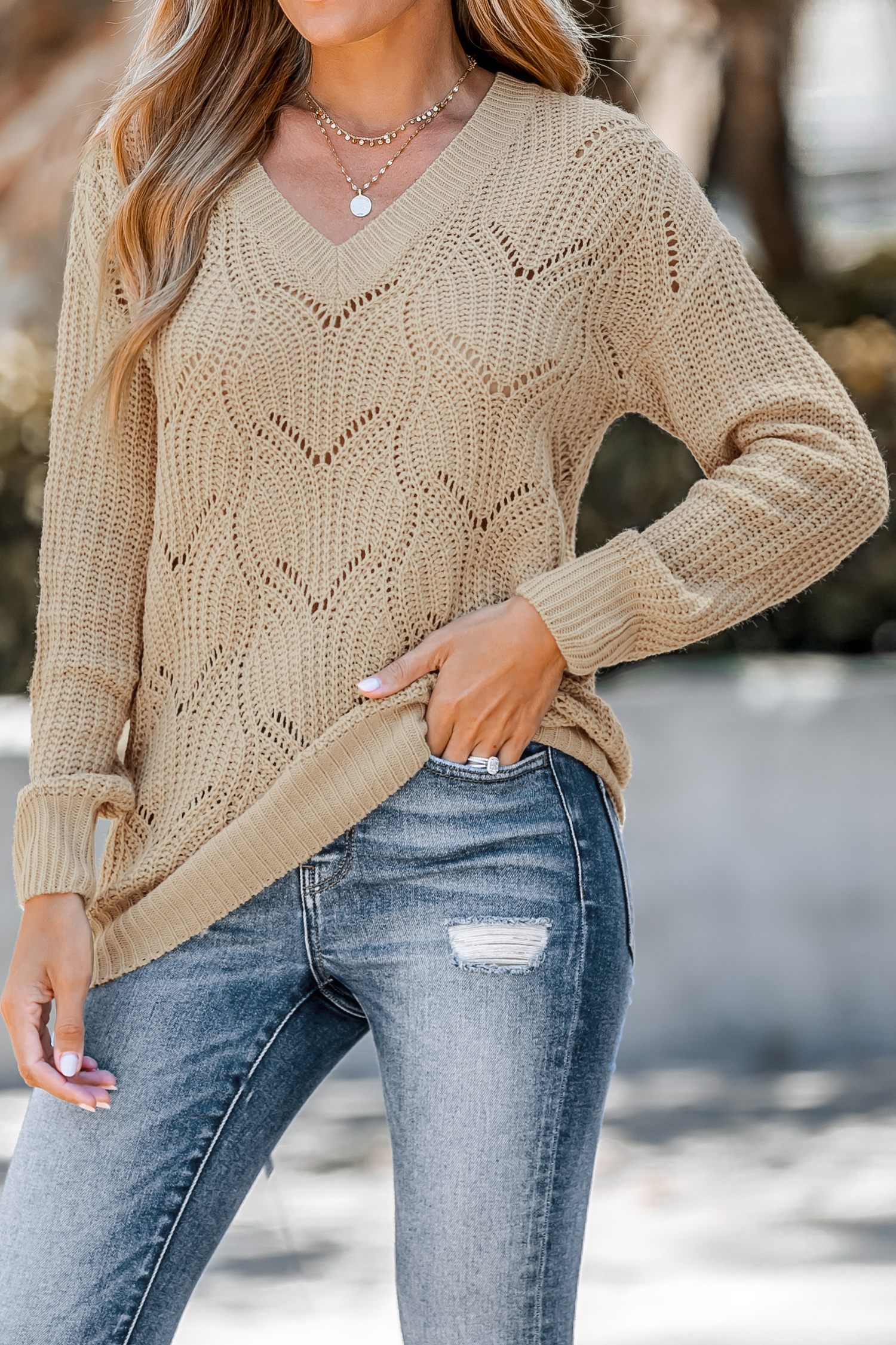 Crochet V-Neck Drop Sleeve Sweater