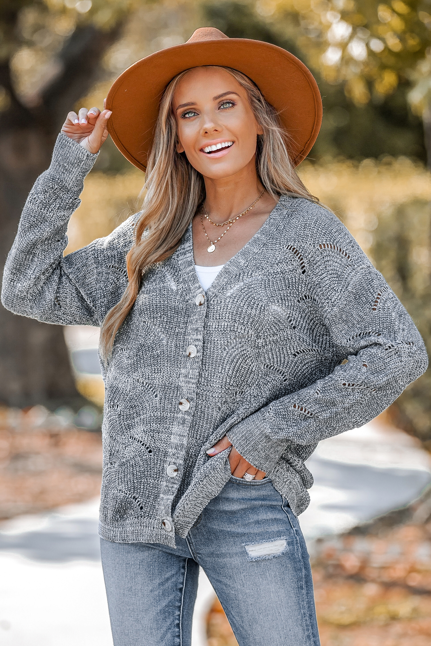 Cutout Crochet Button-Front Cardigan Sweater