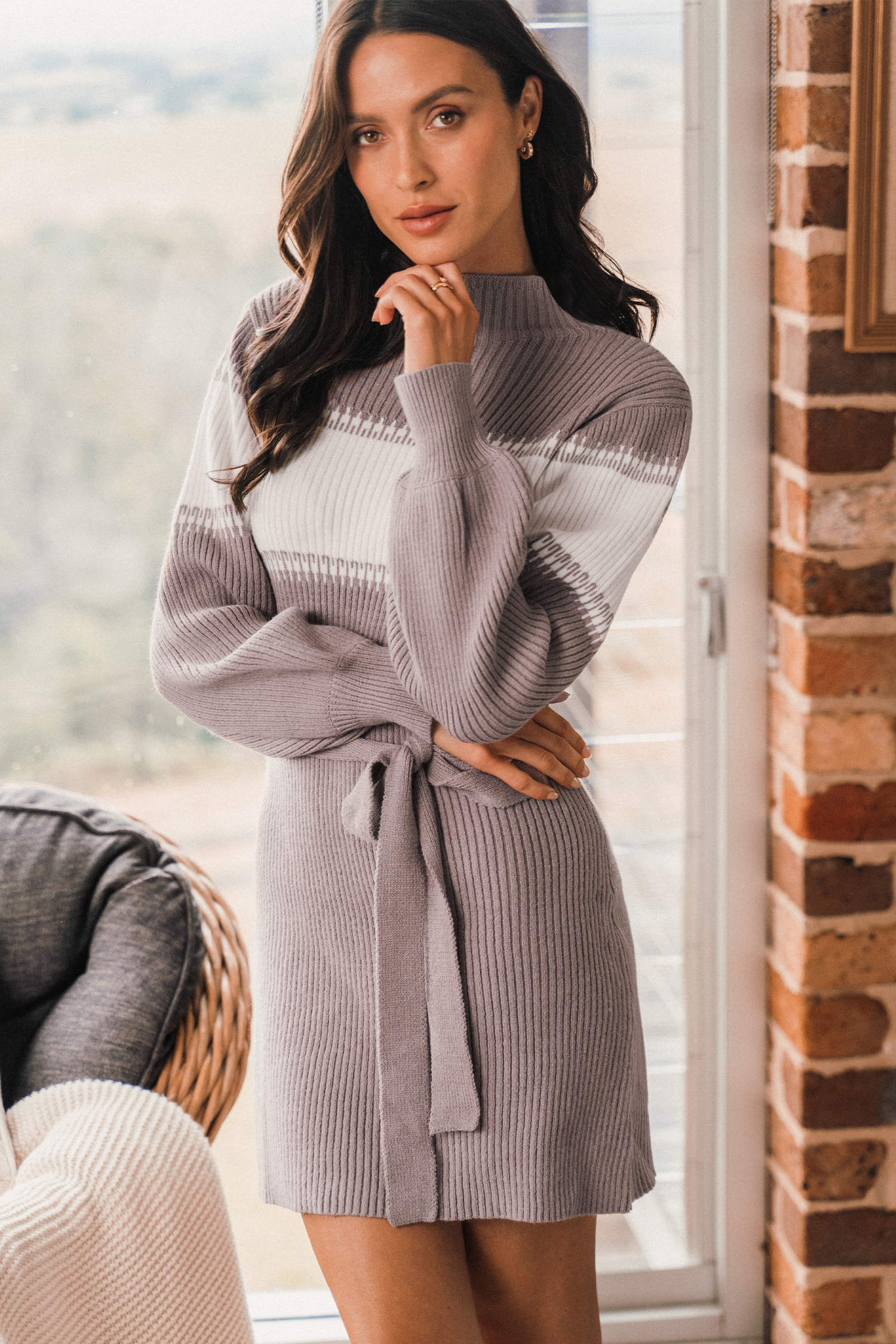 Colorblock Belted Mock Neck Sweater Dress