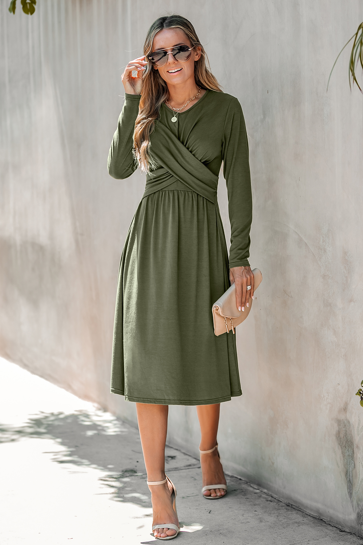 Olive Green Wrap Midi Dress