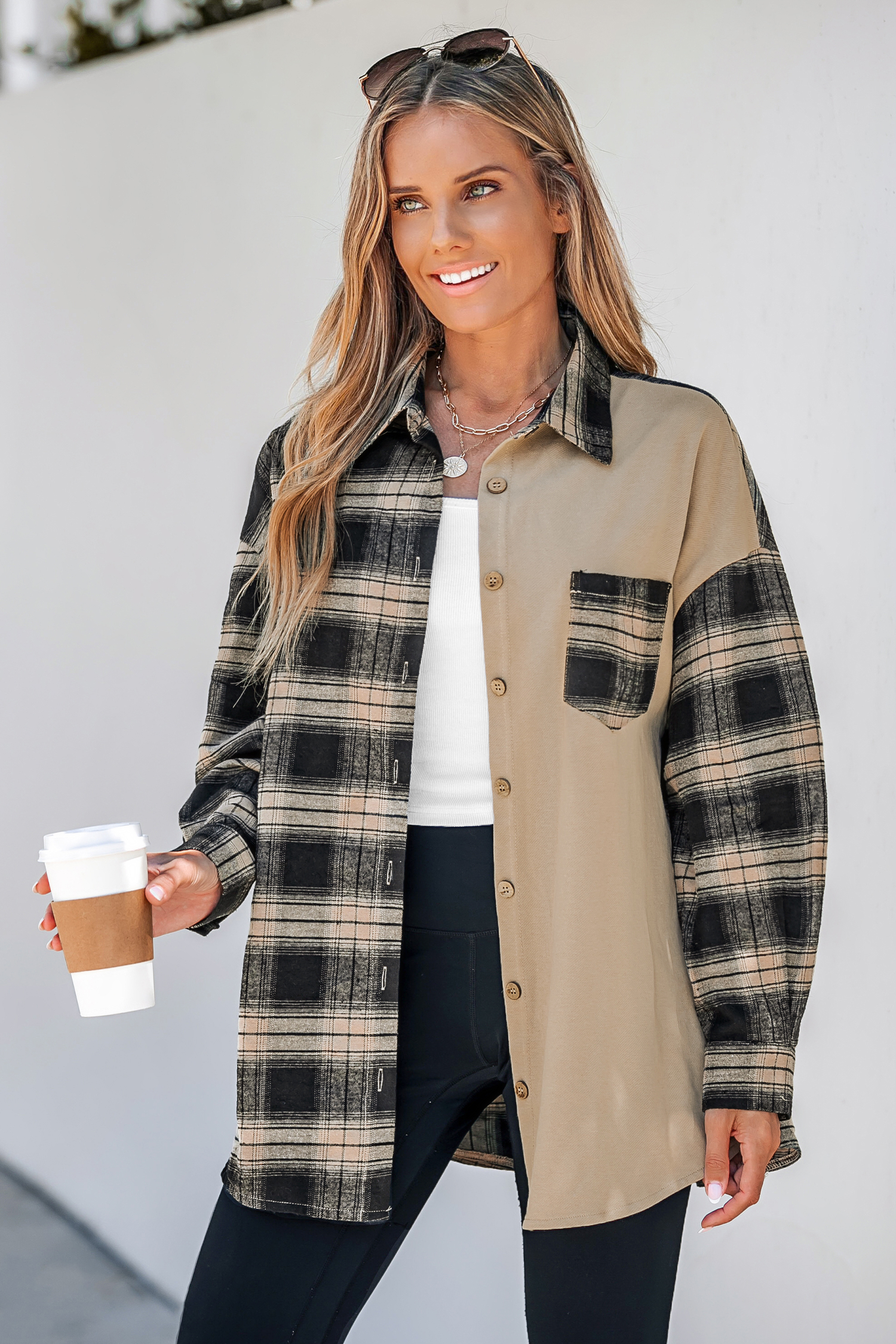 Plaid Colorblock Button-Front Shacket
