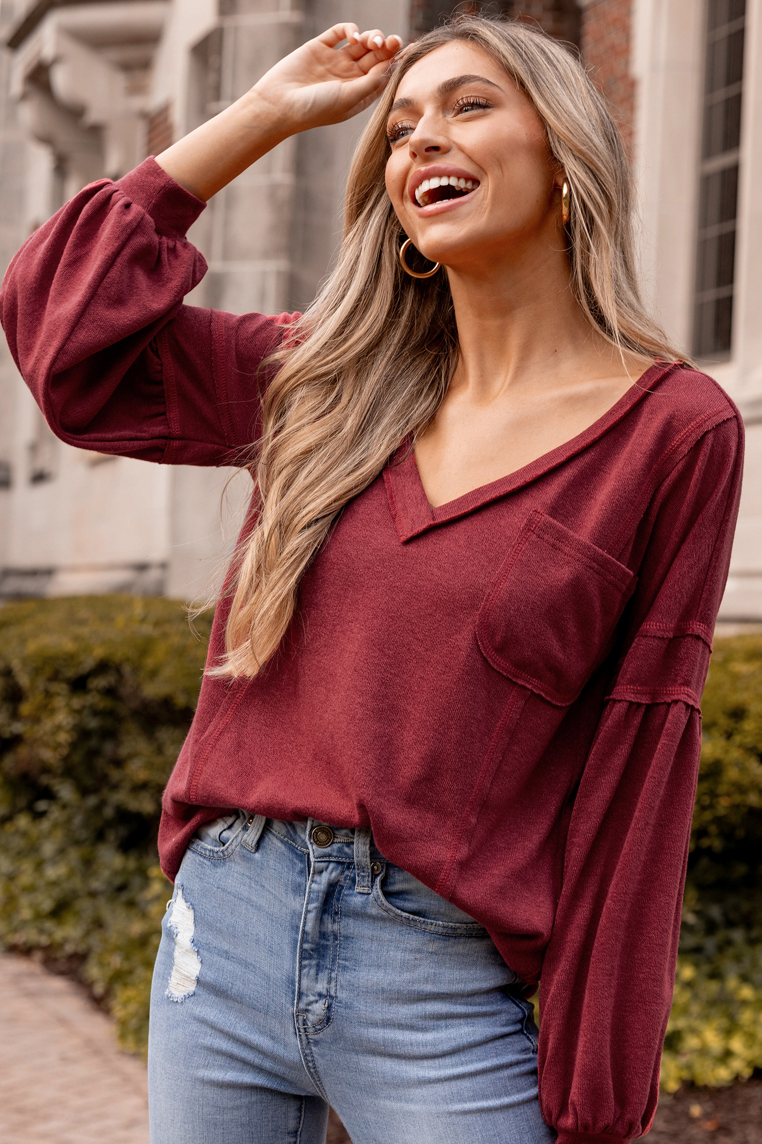 Crimson Inverted Seam V-Neck Tee