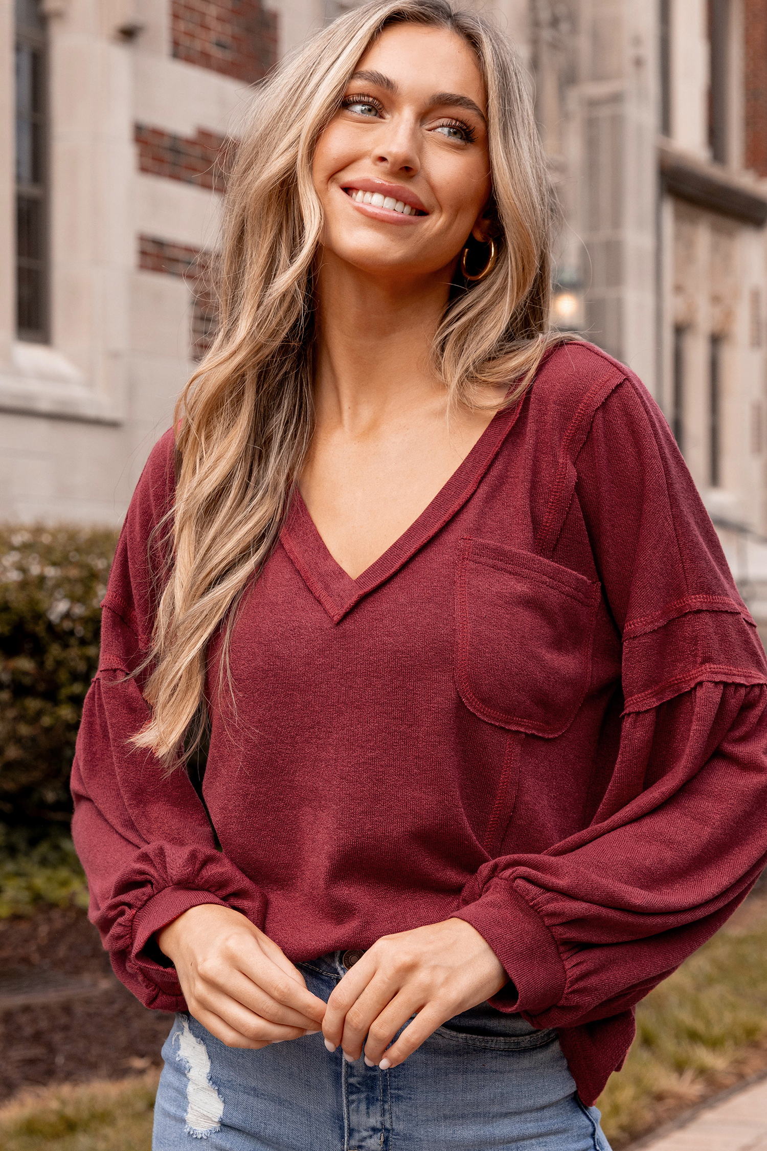 Crimson Inverted Seam V-Neck Tee
