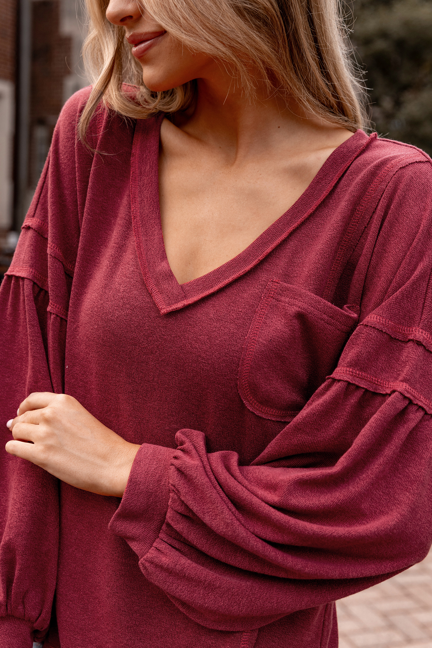 Crimson Inverted Seam V-Neck Tee