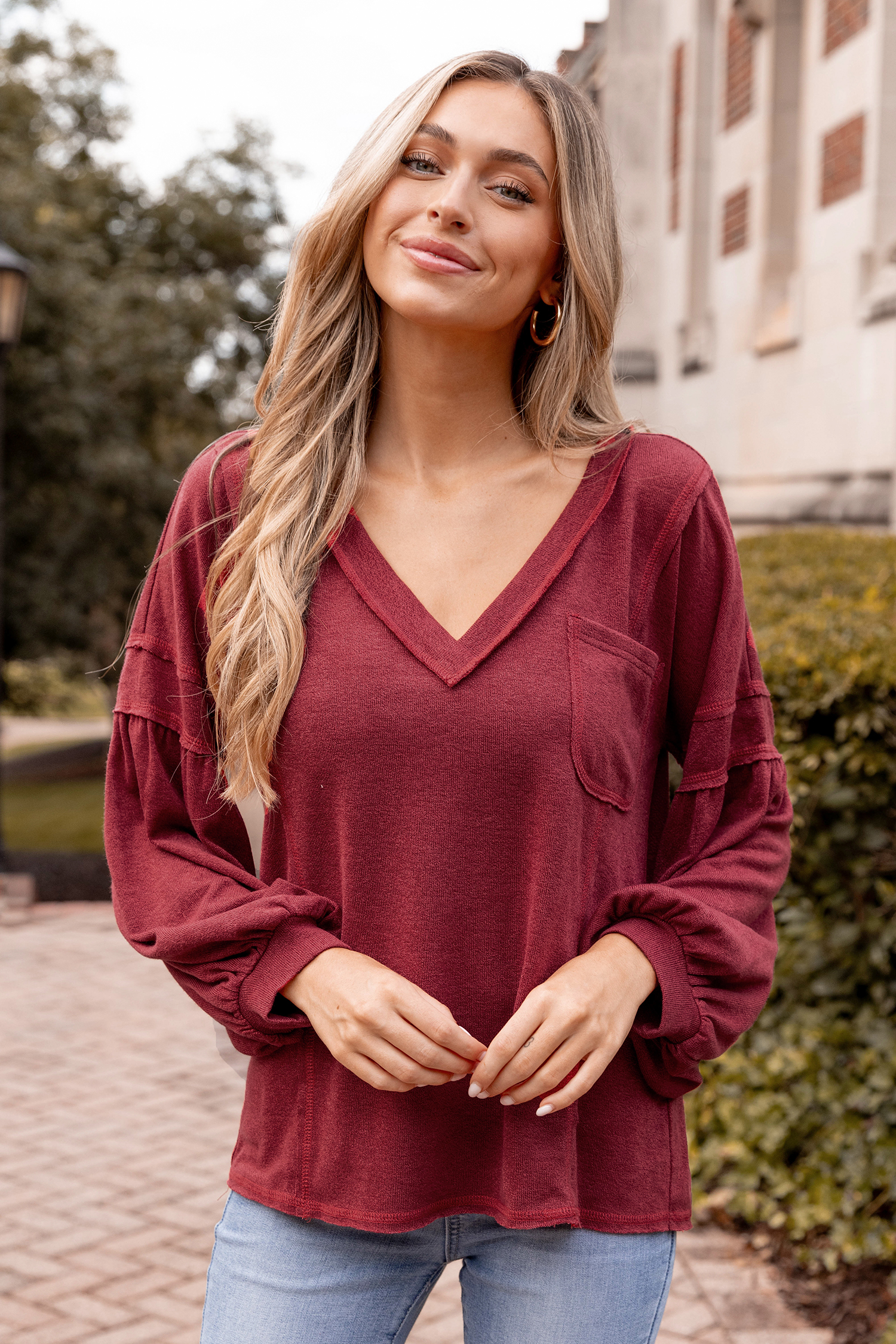 Crimson Inverted Seam V-Neck Tee