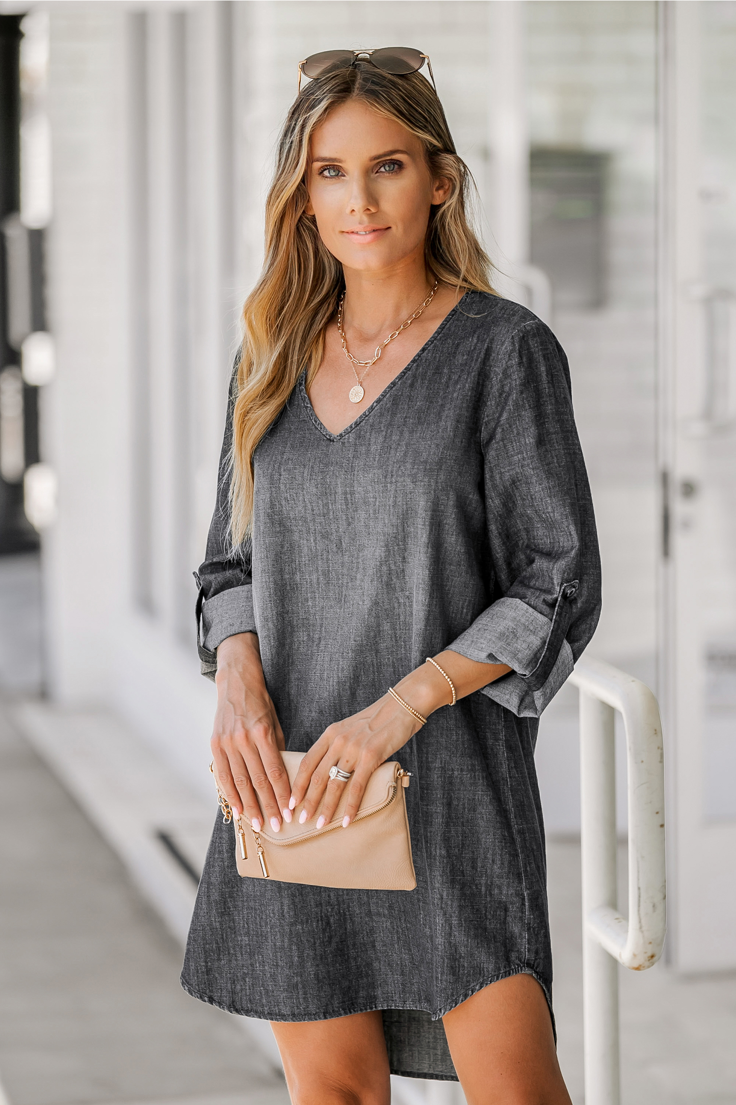 Denim Roll-Tab Sleeve Mini Dress