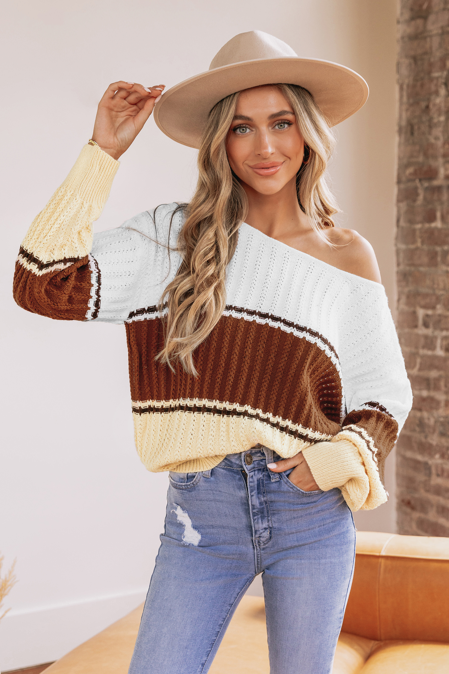 Colorblock One-Shoulder Sweater