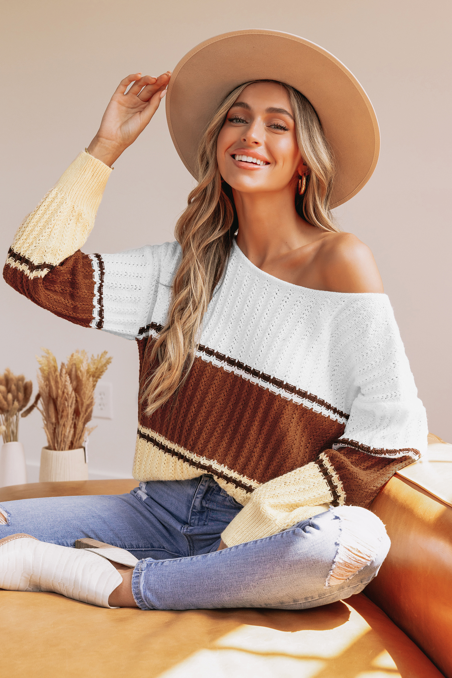 Colorblock One-Shoulder Sweater